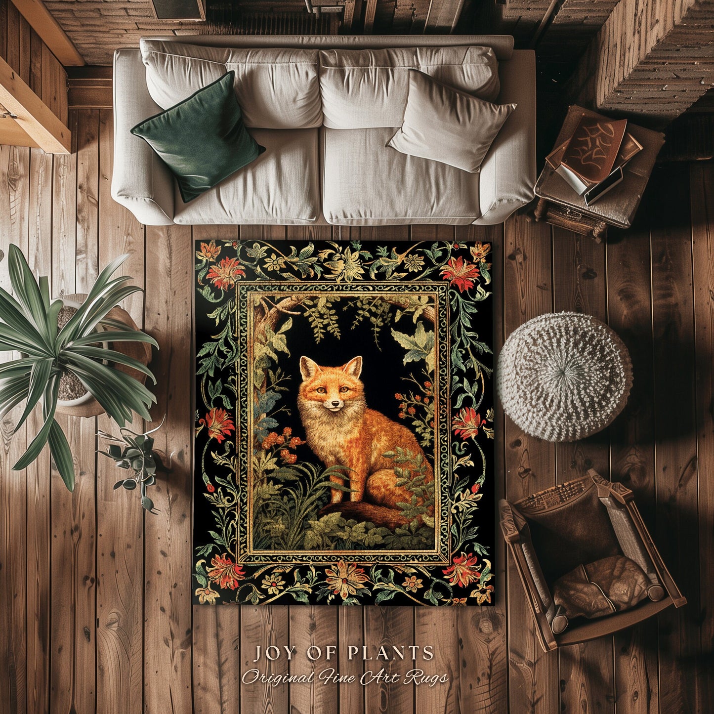 Eclectic Fox Area Rug | Whimsical Bedroom Decor William Morris Inspired Cottagecore Room Soft Aesthetic Dark Academia Style Rug Mystical