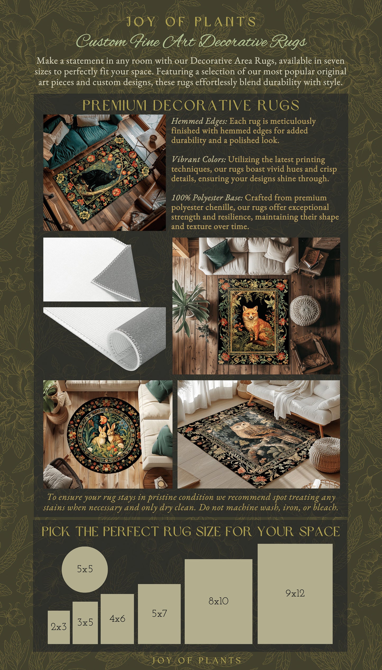 Eclectic Fox Area Rug | Whimsical Bedroom Decor William Morris Inspired Cottagecore Room Soft Aesthetic Dark Academia Style Rug Mystical