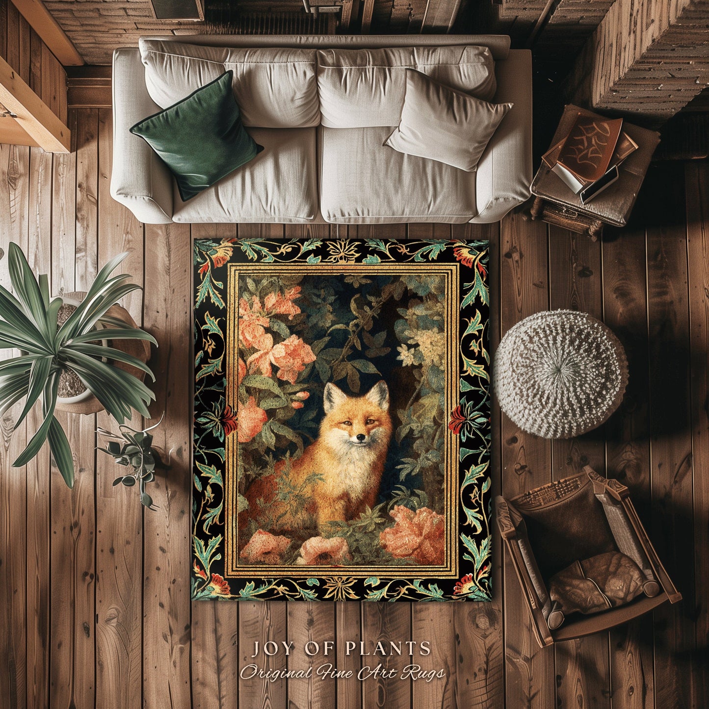 Fairycore Fox Area Rug | Ethereal Bedroom Decor William Morris Inspired Cottagecore Room Soft Aesthetic Light Academia Style Rug Mystical