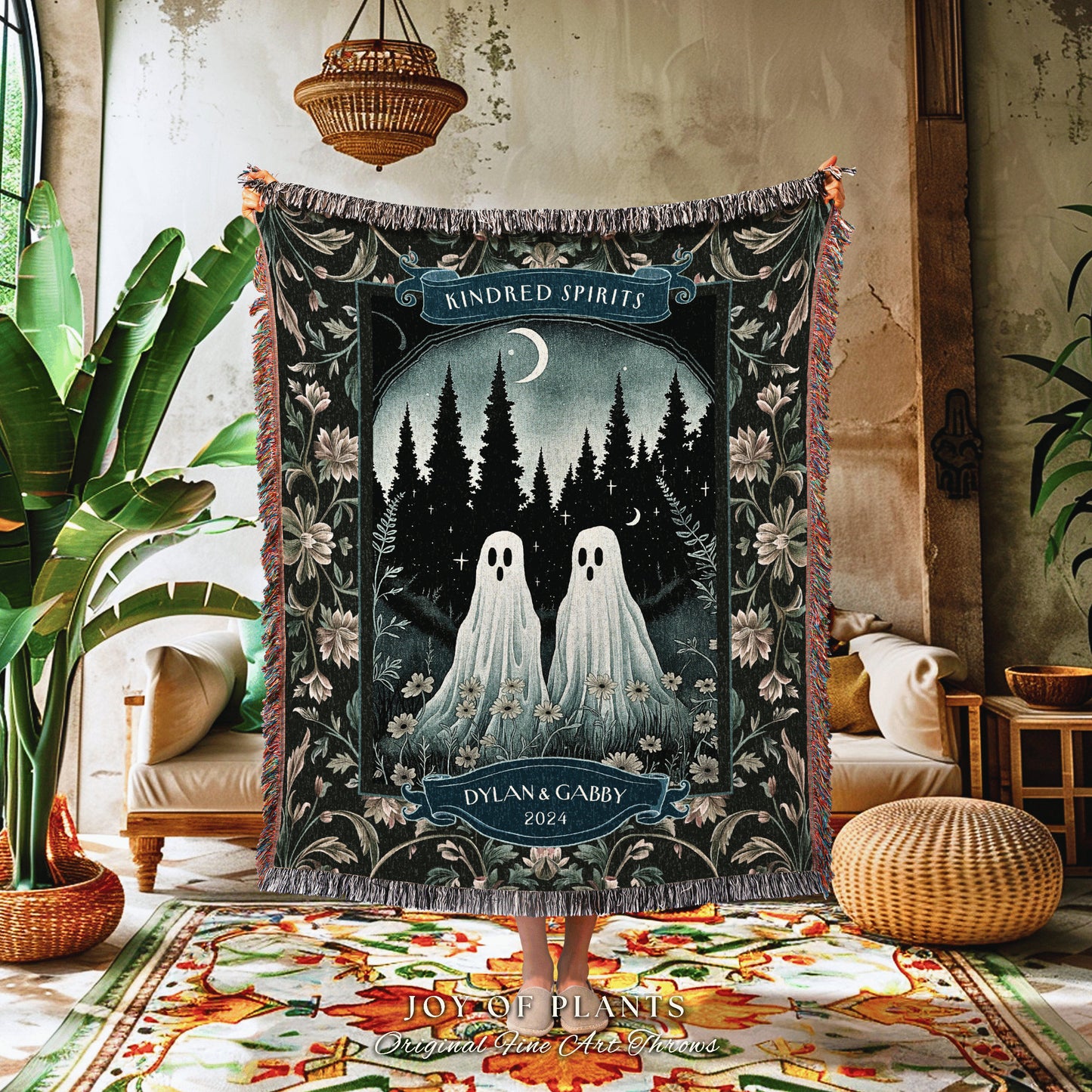 Ethereal Ghost Friends Woven Tapestry | Whimsical Best Friend Gift Kindred Spirits Personalized His and Hers Custom Ghost Couple Throw |