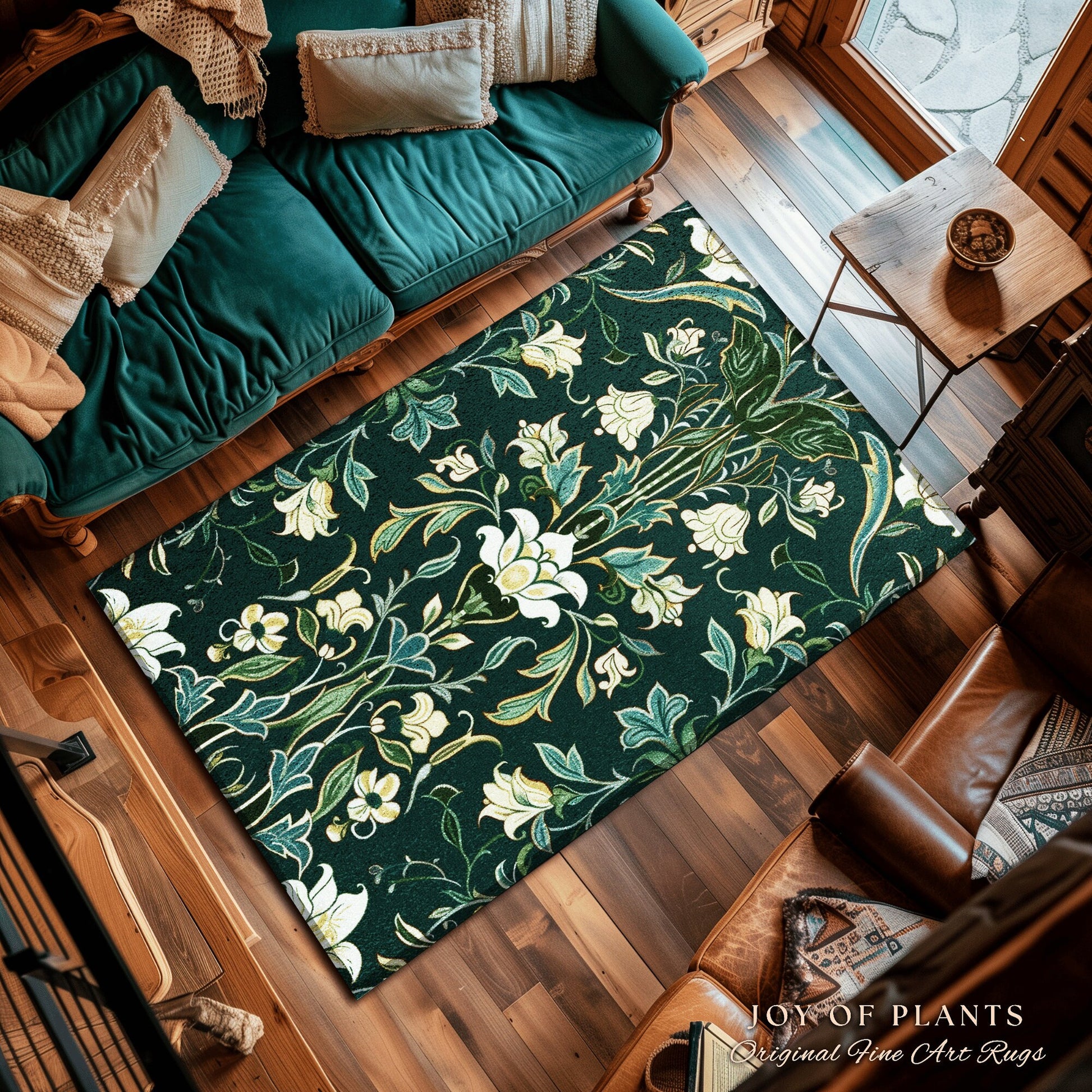 Soft Floral Dark Teal Accent Rug | Boho Botanical Cottagecore Bedroom Decor Jade Green Vintage Fairycore Whimsical Bedroom Elegant Aesthetic