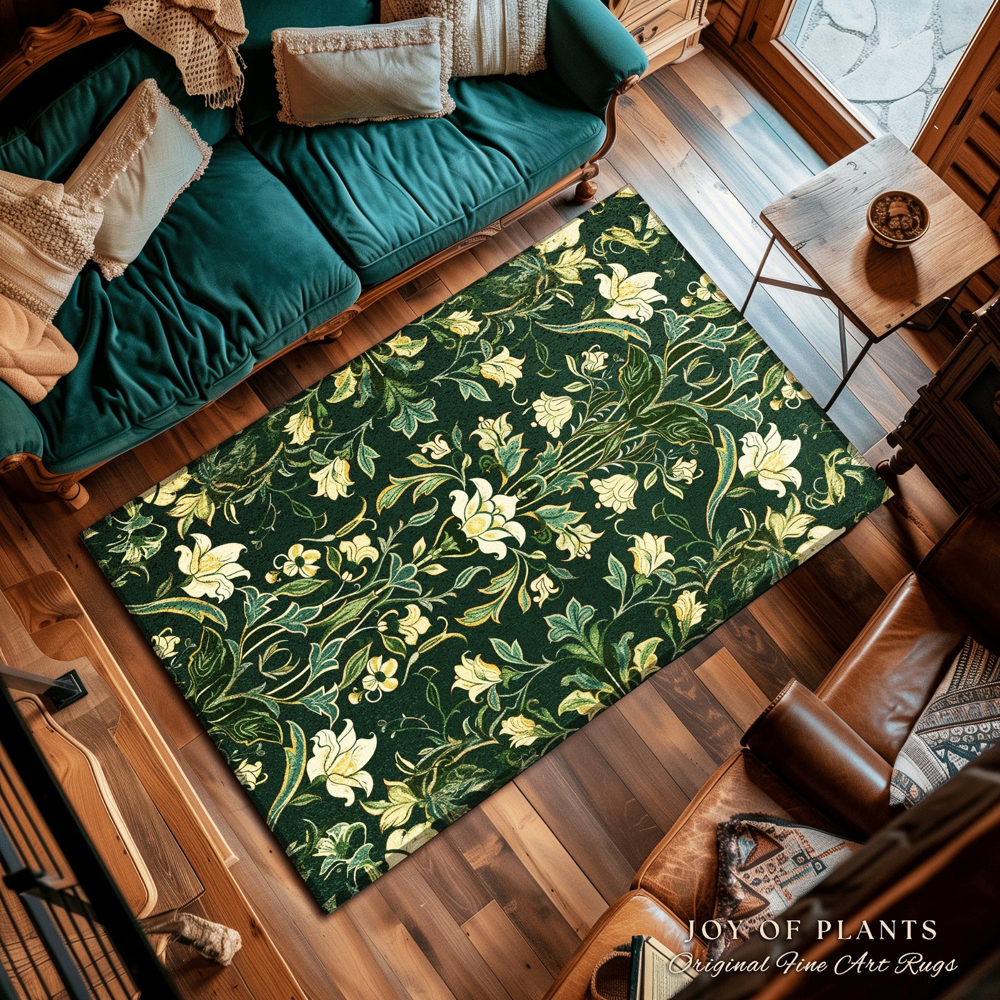 Floral Art Deco Modern Maximalist Rug | Emerald Green Botanical Bedroom Decor Traditional Aesthetic Floor Rug Room Accent Cottagecore Style