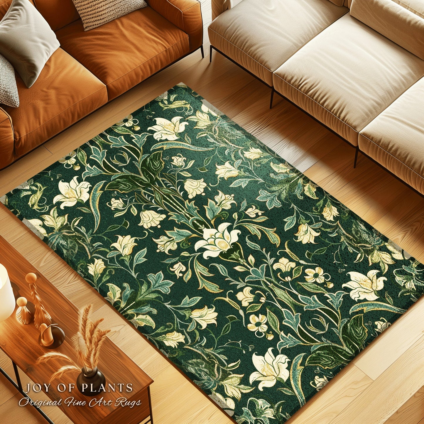 Floral Art Deco Modern Maximalist Rug | Emerald Green Botanical Bedroom Decor Traditional Aesthetic Floor Rug Room Accent Cottagecore Style