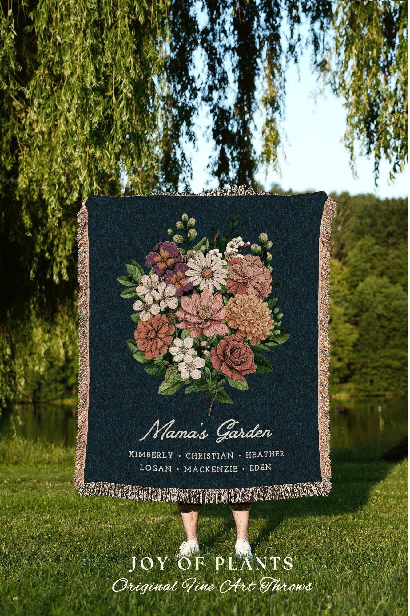 Grandma Garden Blanket Personalized | Family Names Gift Mimi's Garden Birth Month Flower Custom Bouquet Custom Mom Blanket Woven Tapestry |