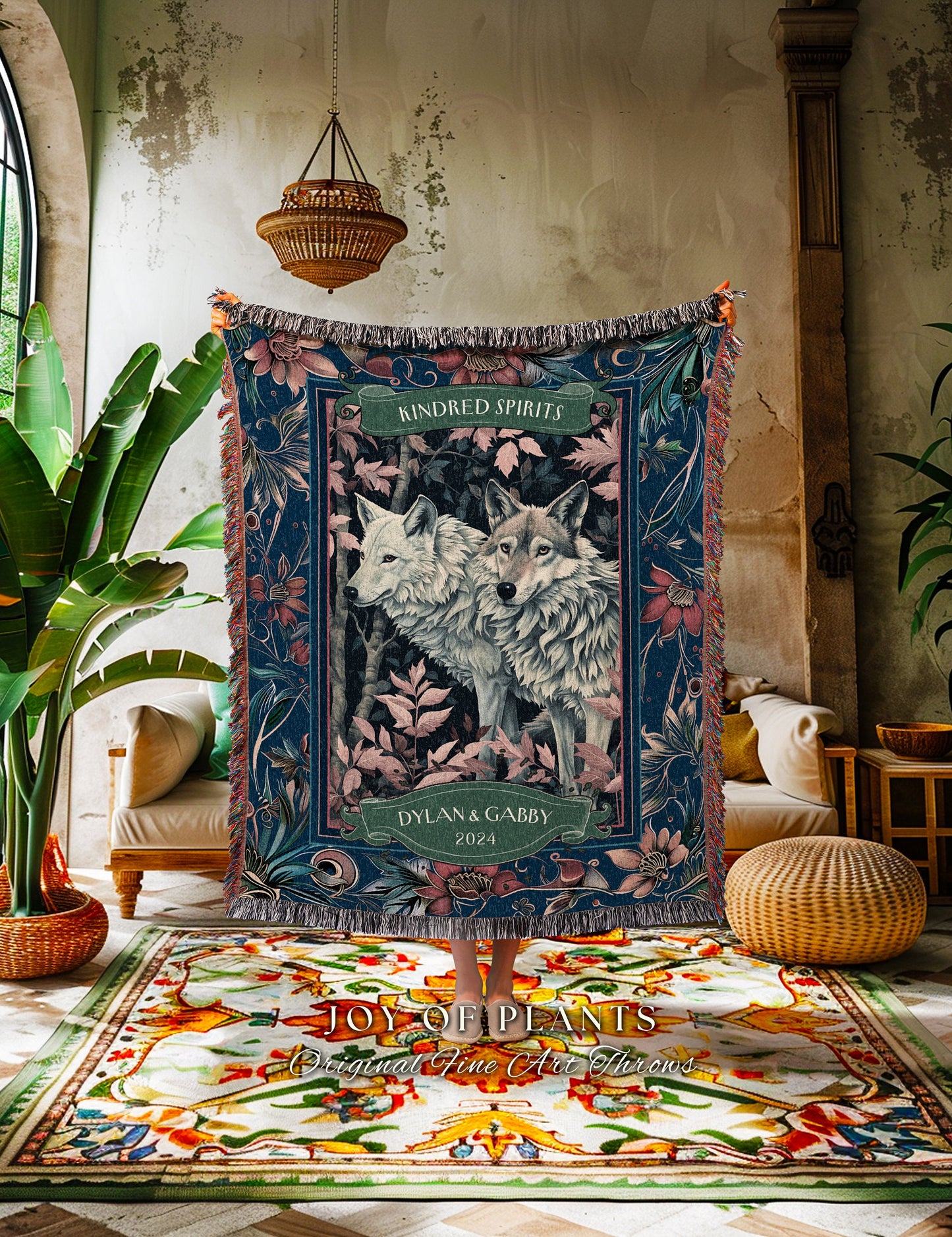 Navy Blue Floral Wolf Couple Personalized Blanket | Outdoorsy Couple Gift Custom Blanket Ethereal Woodland Wedding Unique Couple Tapestry |