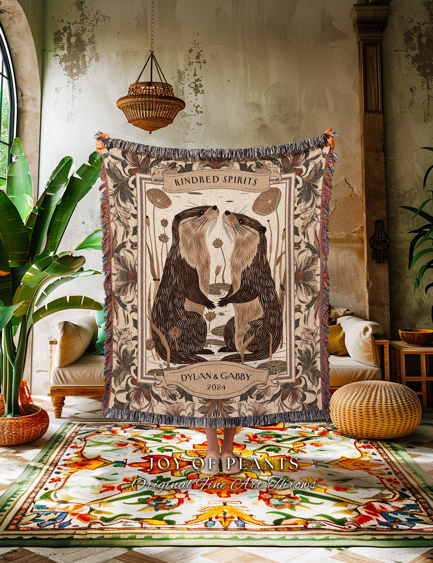 Personalized Otter Couple Throw Blanket | Whimsical Dating Anniversary Custom Established Date Blanket Significant Otters Gift Cute Tapestry
