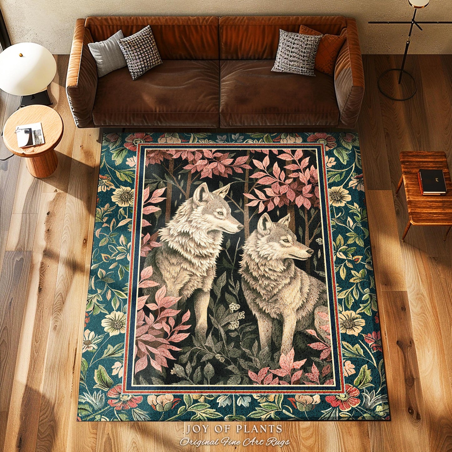 Woodland Fairycore Wolf Area Rug | Dark Forest Eclectic Aesthetic Whimsical Cottagecore Floral Fantasy Inspired Home Accent Rug Nature Theme