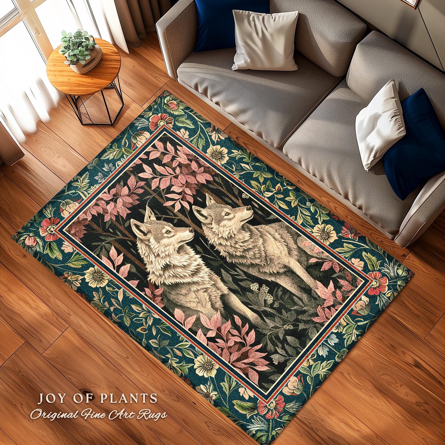 Woodland Fairycore Wolf Area Rug | Dark Forest Eclectic Aesthetic Whimsical Cottagecore Floral Fantasy Inspired Home Accent Rug Nature Theme