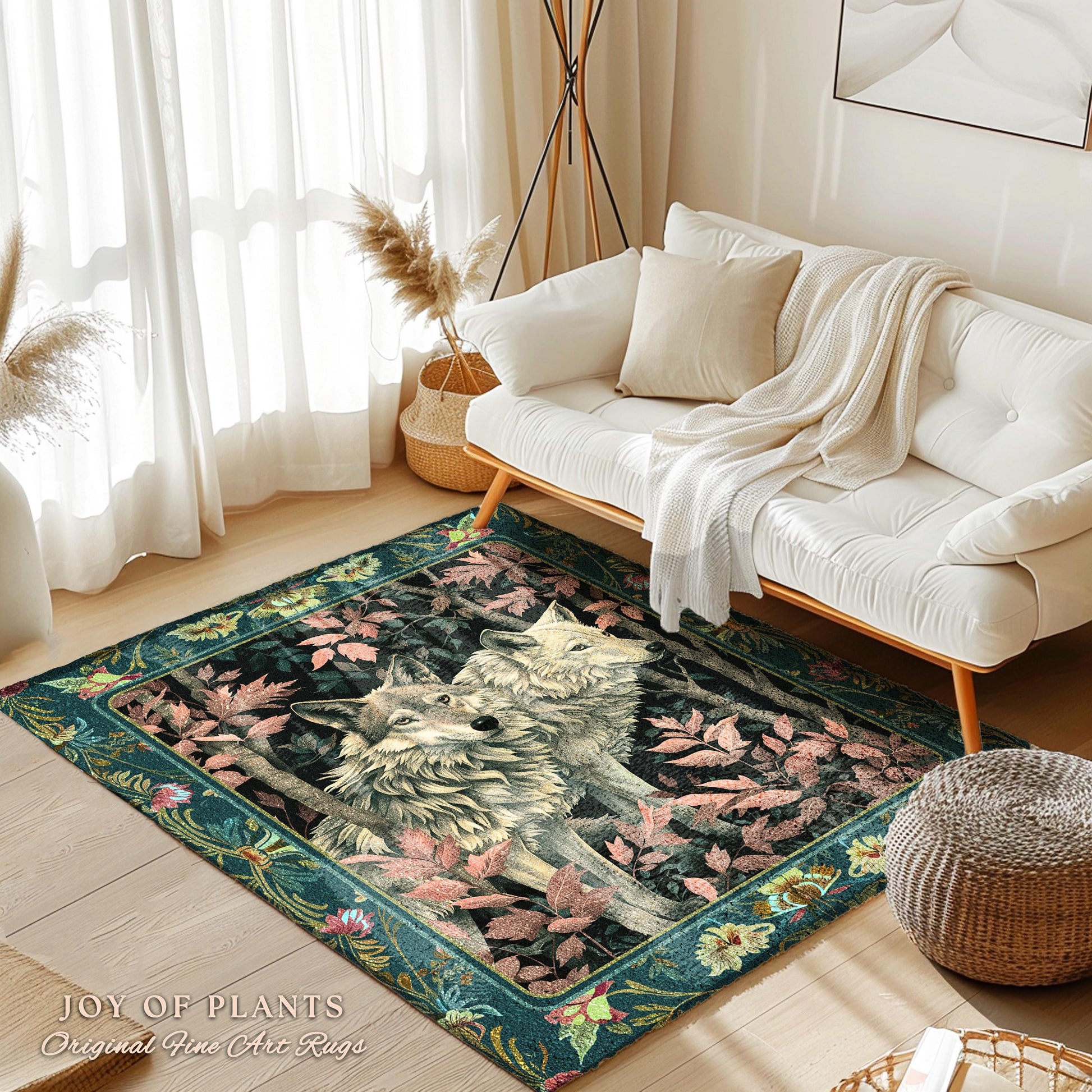 Botanical Forest Spirits Area Rug | Woodland Ethereal Unique Home Accent Wolf Nursery Theme Eclectic Aesthetic Whimsical Cottagecore Decor |