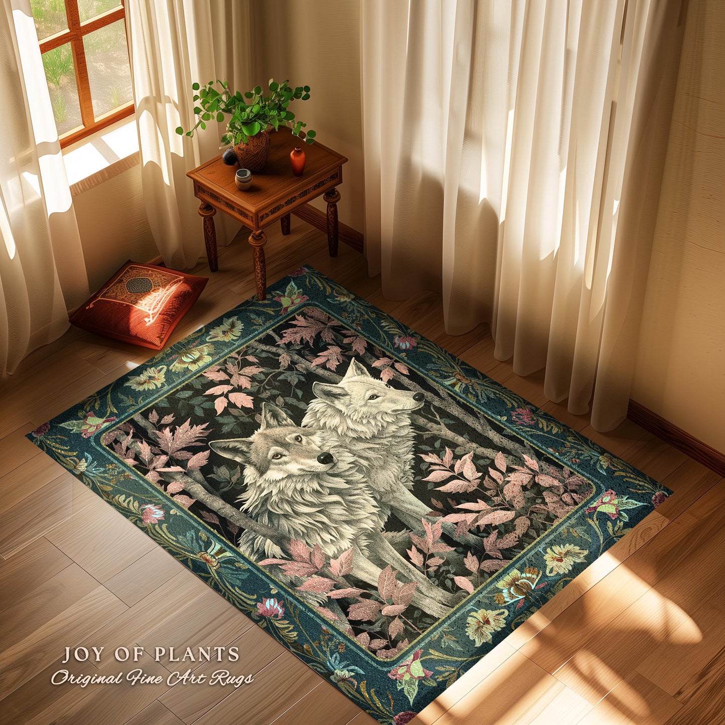 Botanical Forest Spirits Area Rug | Woodland Ethereal Unique Home Accent Wolf Nursery Theme Eclectic Aesthetic Whimsical Cottagecore Decor |
