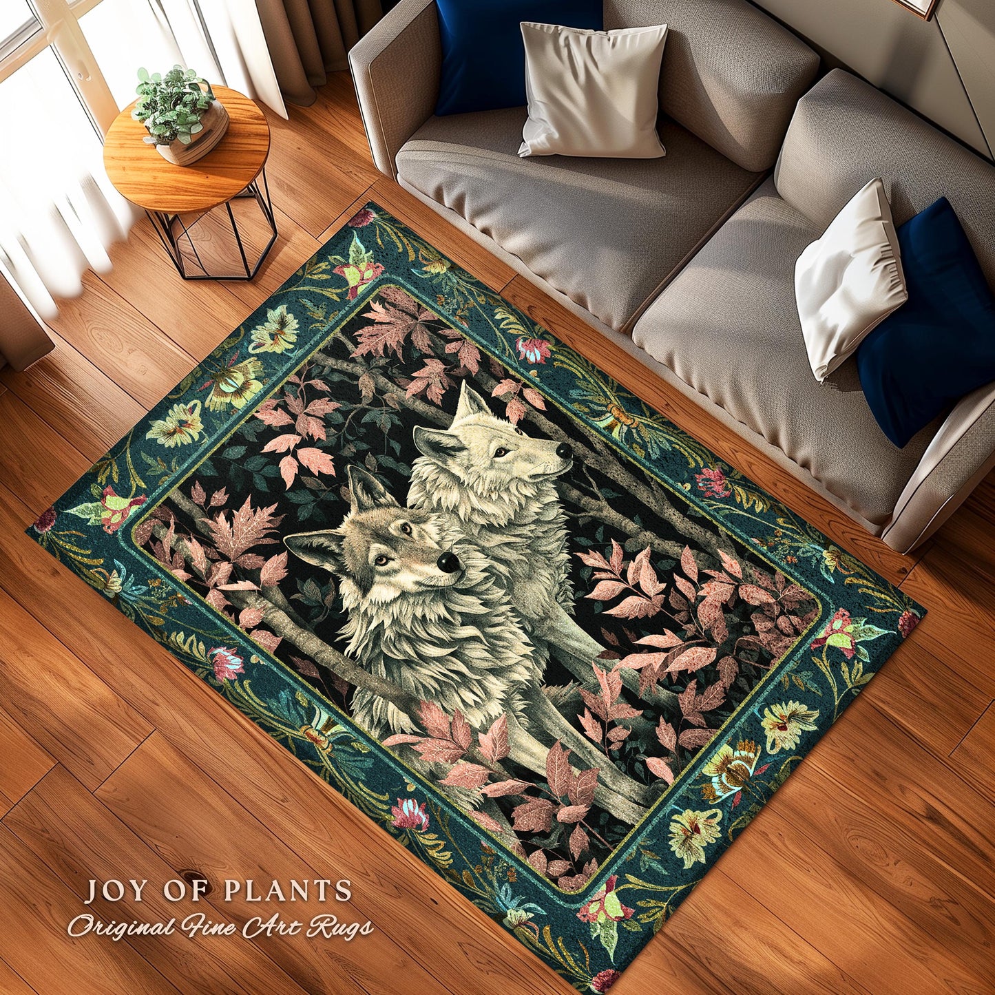 Botanical Forest Spirits Area Rug | Woodland Ethereal Unique Home Accent Wolf Nursery Theme Eclectic Aesthetic Whimsical Cottagecore Decor |