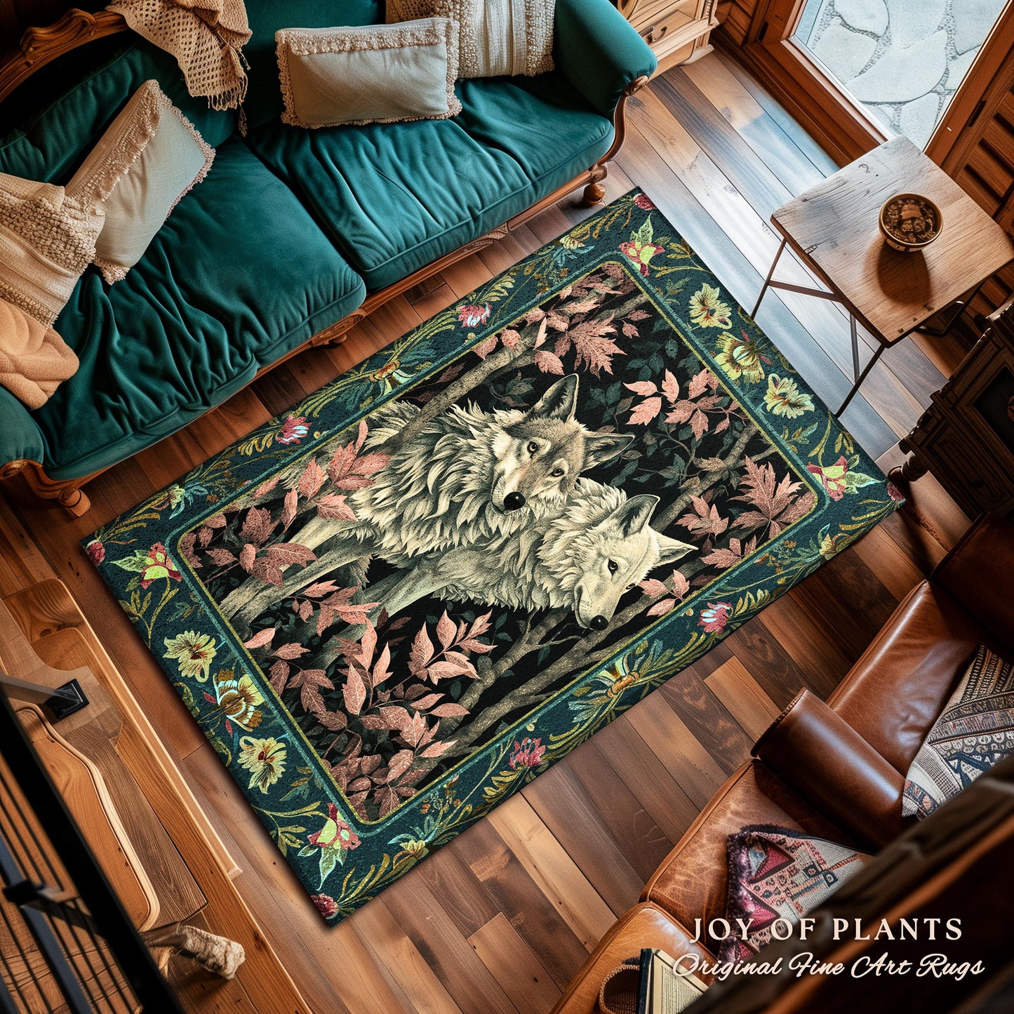 Botanical Forest Spirits Area Rug | Woodland Ethereal Unique Home Accent Wolf Nursery Theme Eclectic Aesthetic Whimsical Cottagecore Decor |