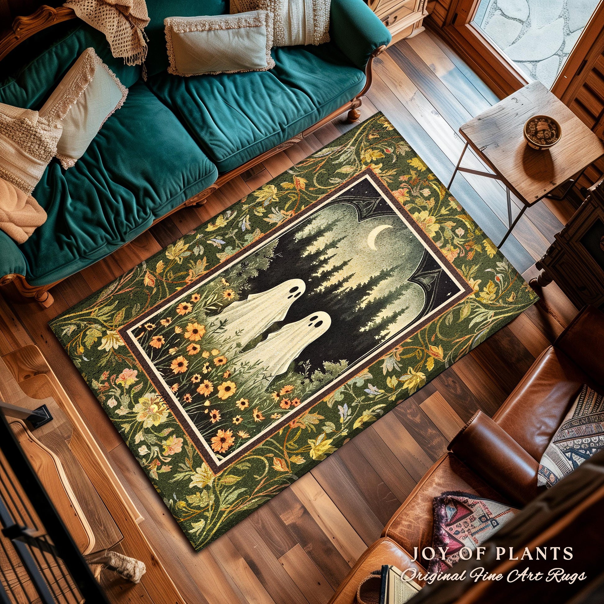 Celestial Ghost Friends Gothic Rug | Moonlit Cottagecore Magic Woodland Area Rug Cottagegoth Magic Spirits Whimsical Enchanted Boho Decor