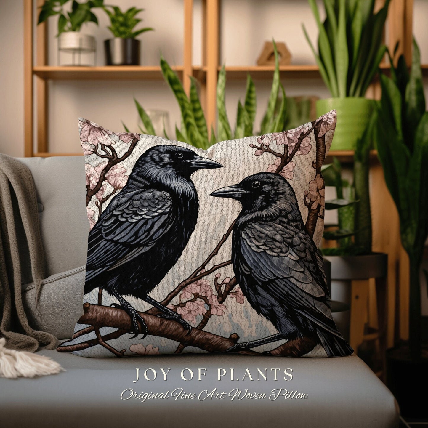 Gothic Crow Throw Pillow Woven | Morris Inspired Pillow Woodland Crowcore Decor Pillow Maximalist Home Decor Crow Pillow Dark Botanical Gift
