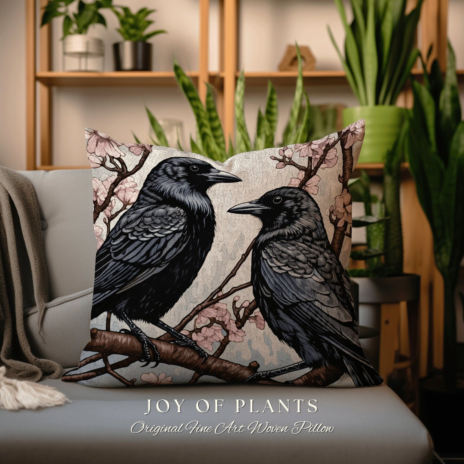 Gothic Crow Throw Pillow Woven | Morris Inspired Pillow Woodland Crowcore Decor Pillow Maximalist Home Decor Crow Pillow Dark Botanical Gift