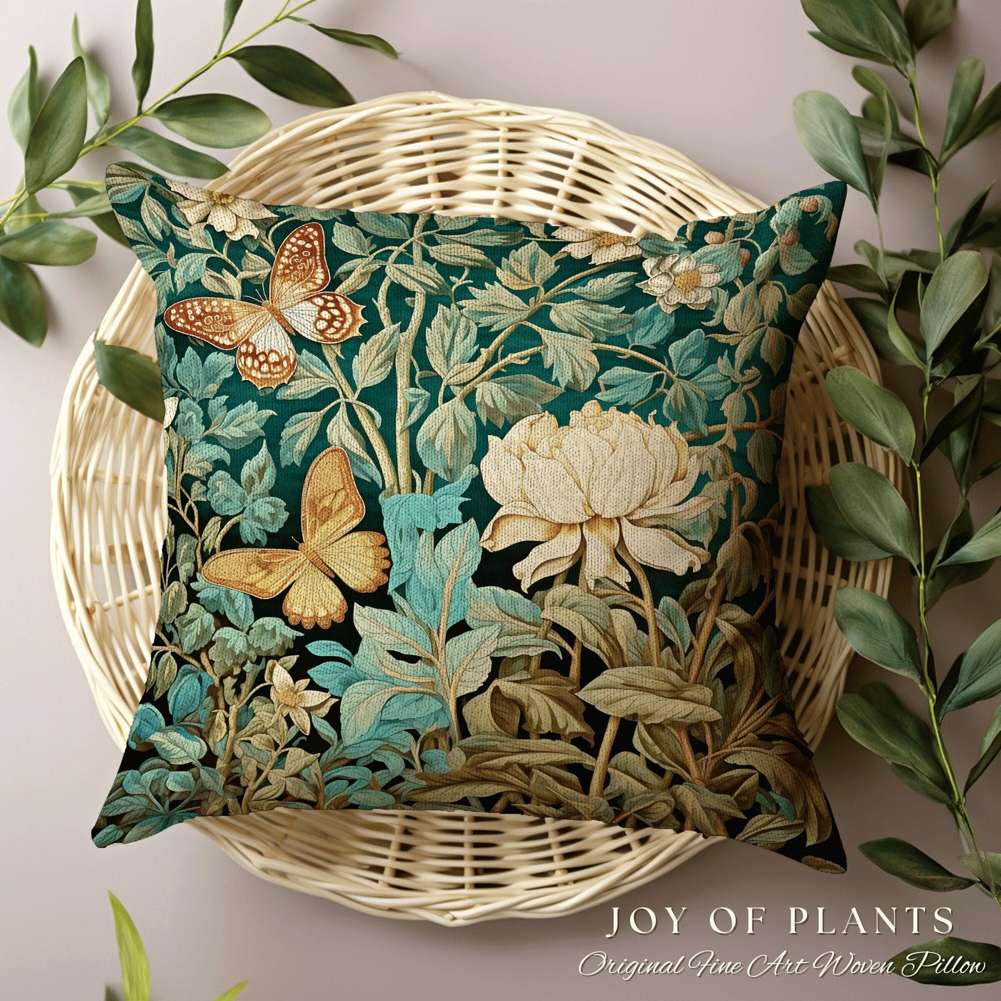 Mystic Garden Pillow Botanical | William Morris Inspired Woodland Butterfly Decor Cushion Maximalist Ornate Home Decor Throw Pillow Eclectic