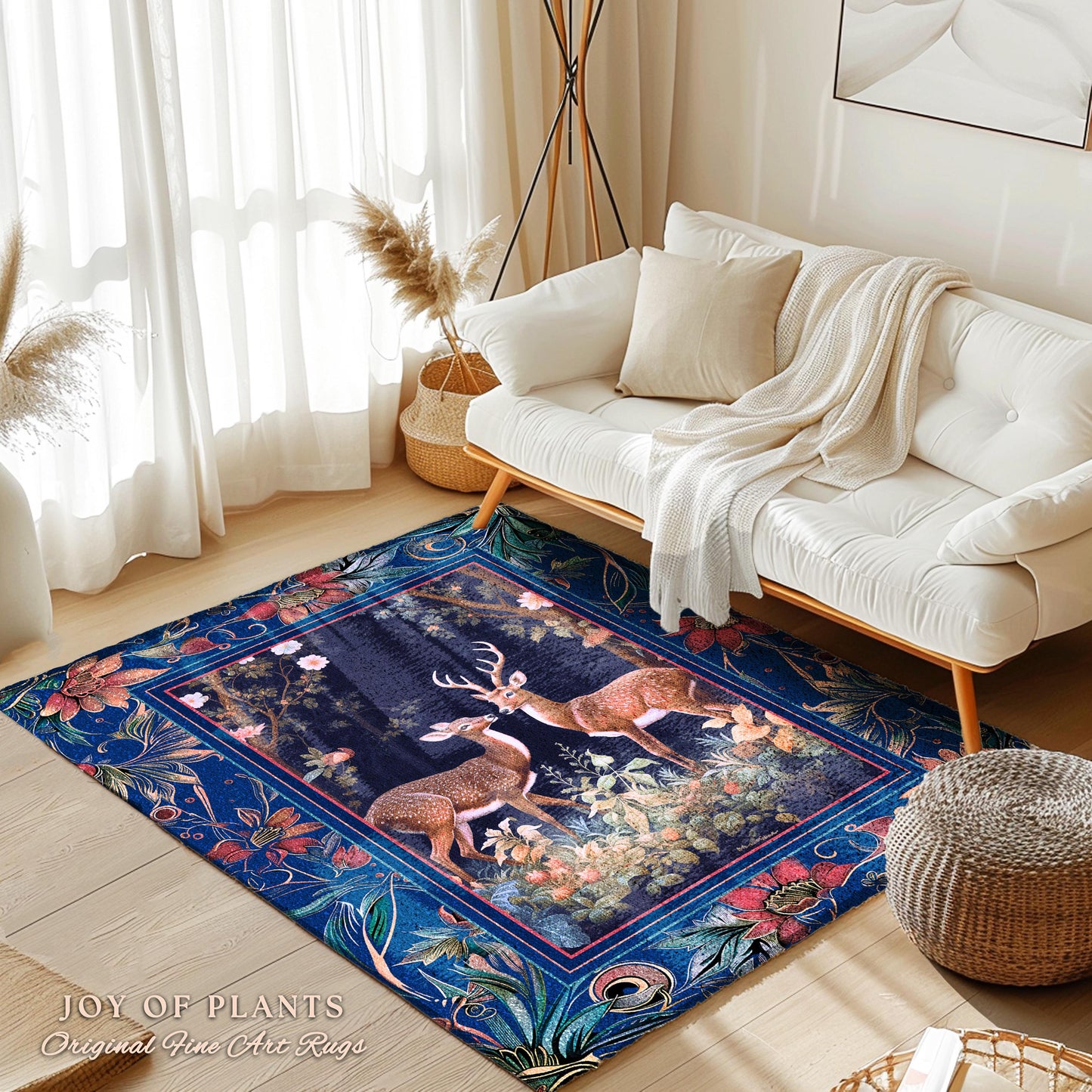 Misty Indigo Woods Ethereal Deer Rug | Woodland Spirit Nature Botanical Home Accent Fairycore Dark Academia Bedroom Whimsical Folklore Theme
