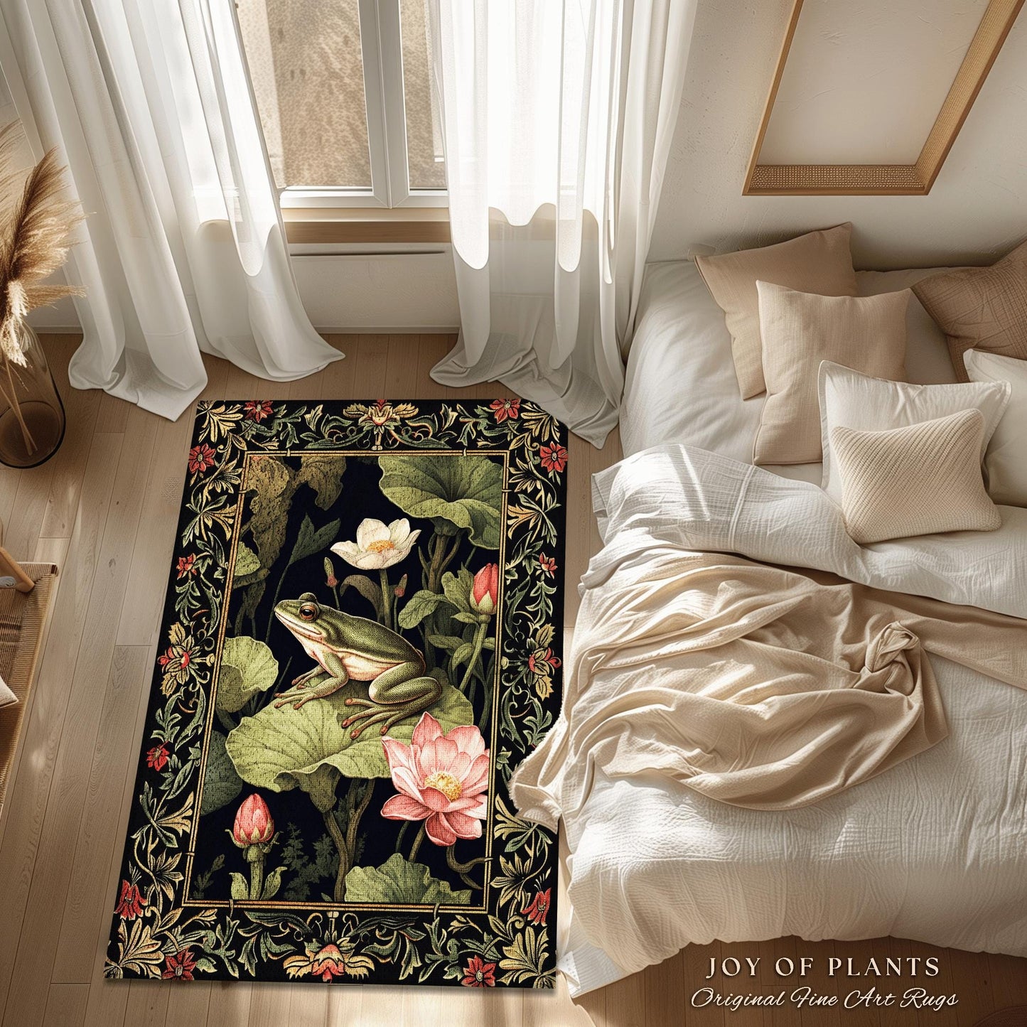 Boho Cottagecore Botanical Frog Rug Whimsigothic Decor | Goblincore Dark Floral Frog Rug Nature Lover Morris Style Decor Lily Pad Frog Rug
