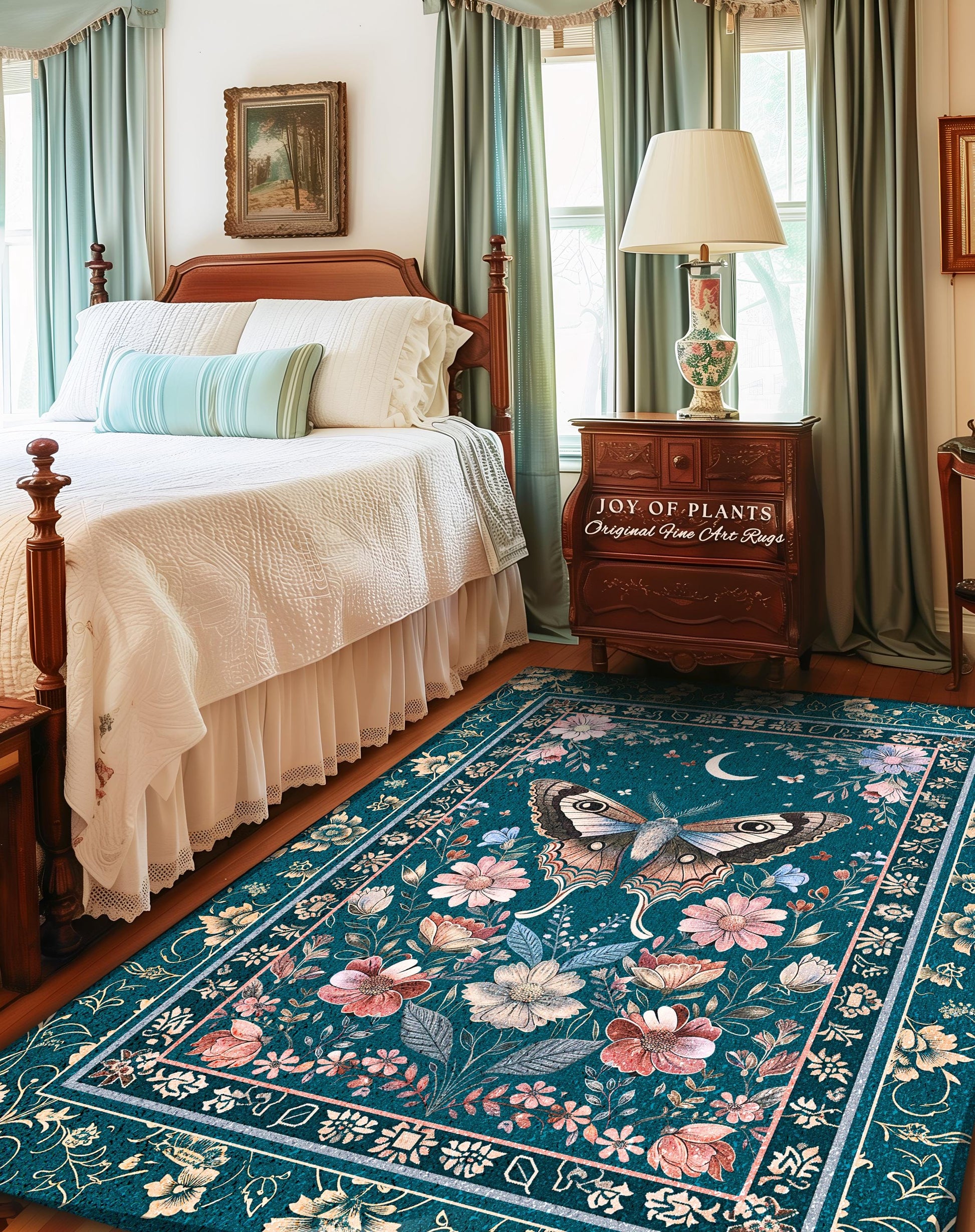 Magic Aesthetic Teal Area Rug | Celestial Fairycore Eclectic Maximalist Accent Rug Woodland Cottagecore Forestcore Bedroom Pastel Mysticism