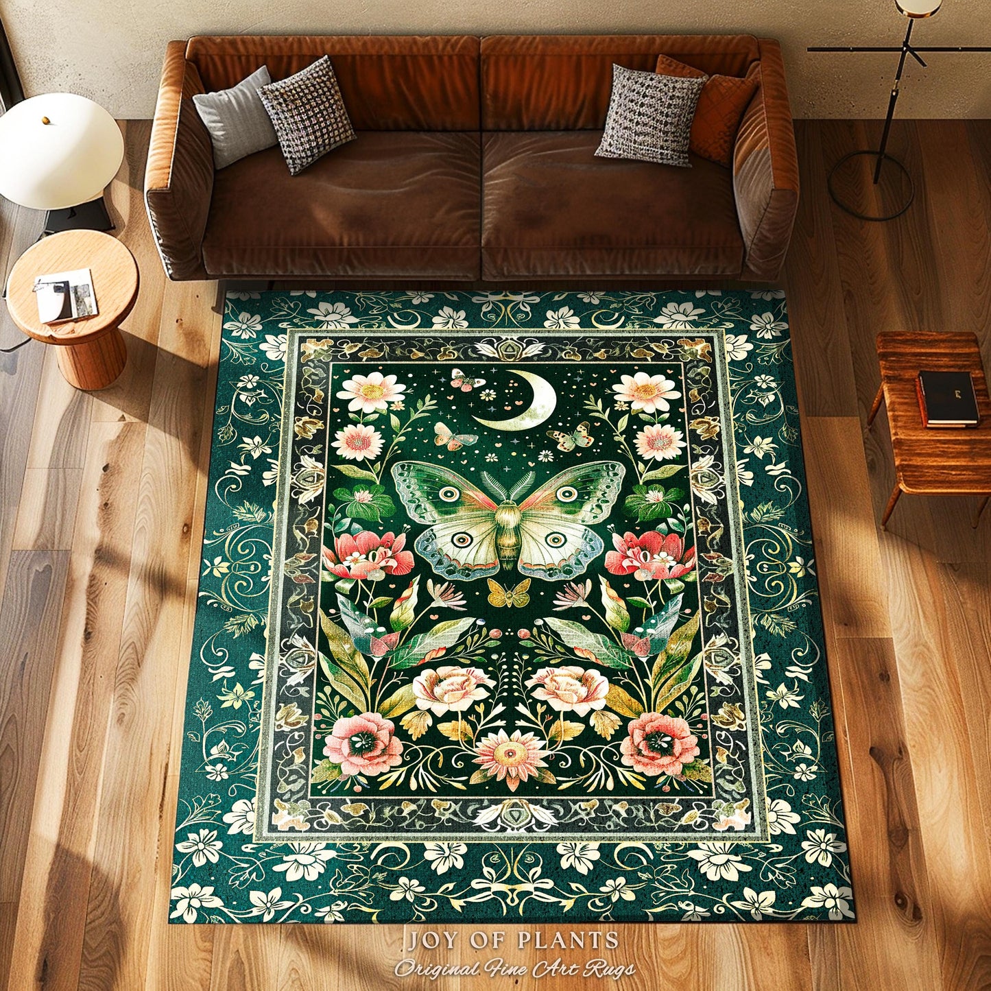 Ethereal Witchy Moth Moon Rug | Whimsical Cottagecore Dreamy Forest Bedroom Antique Green Celestial Woodland Whimsy Butterfly Gothic Decor |