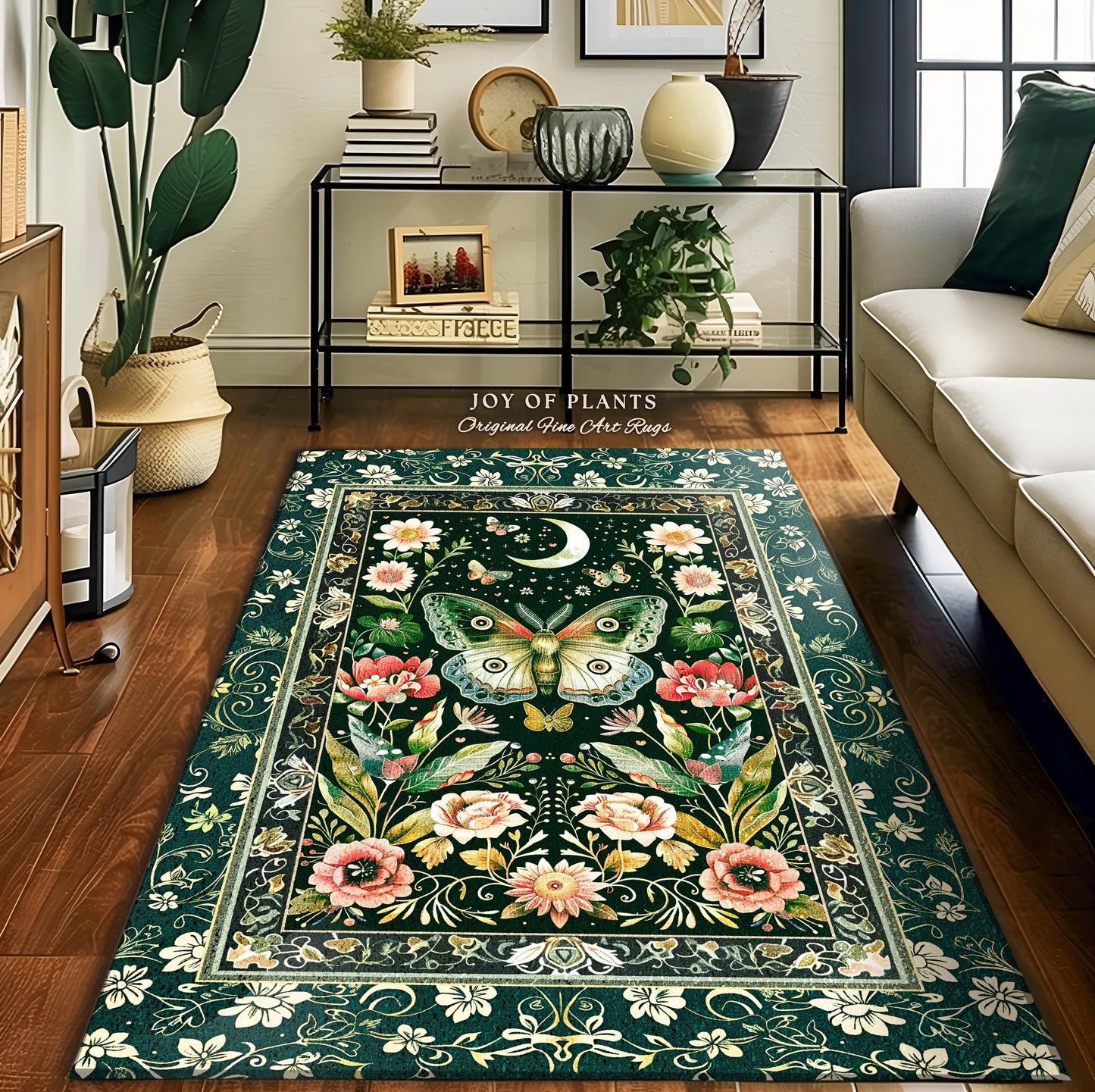 Ethereal Witchy Moth Moon Rug | Whimsical Cottagecore Dreamy Forest Bedroom Antique Green Celestial Woodland Whimsy Butterfly Gothic Decor |