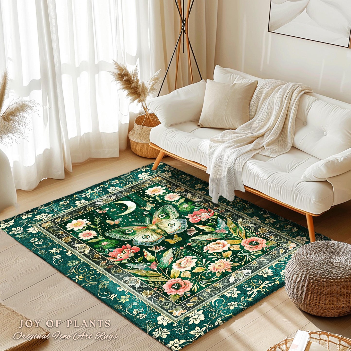Ethereal Witchy Moth Moon Rug | Whimsical Cottagecore Dreamy Forest Bedroom Antique Green Celestial Woodland Whimsy Butterfly Gothic Decor |