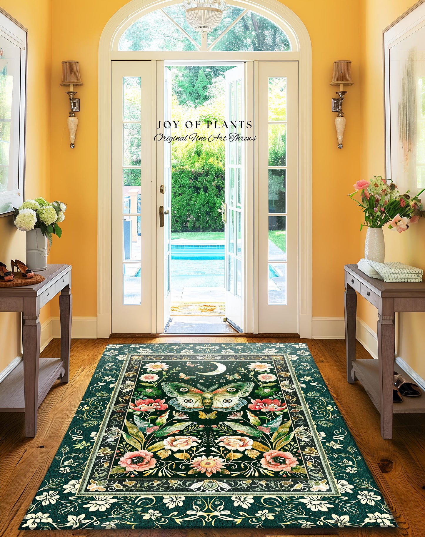 Ethereal Witchy Moth Moon Rug | Whimsical Cottagecore Dreamy Forest Bedroom Antique Green Celestial Woodland Whimsy Butterfly Gothic Decor |