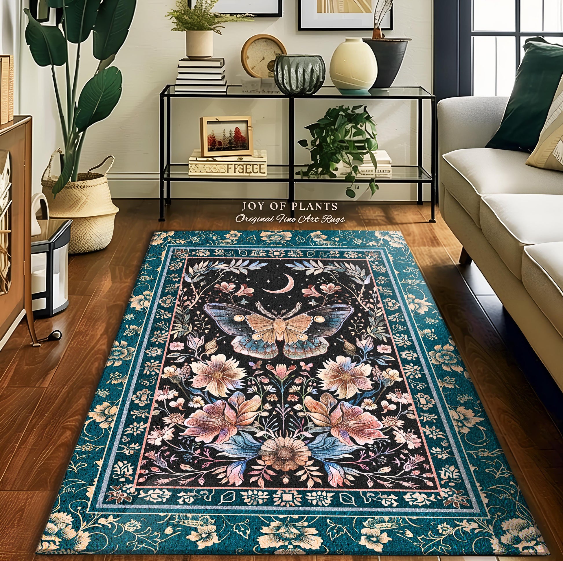 Boho Moth Moon Fairycore Area Rug Teal Bohemian Butterfly Floral | Whimsical Celestial Teal Dark Cottagecore Home Accent Maximalist Decor |