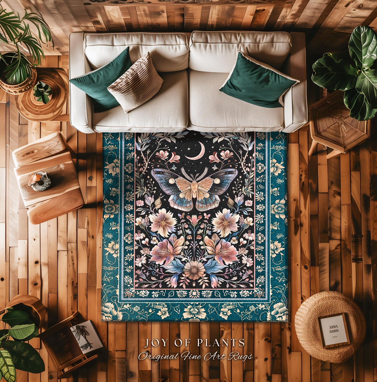 Boho Moth Moon Fairycore Area Rug Teal Bohemian Butterfly Floral | Whimsical Celestial Teal Dark Cottagecore Home Accent Maximalist Decor |