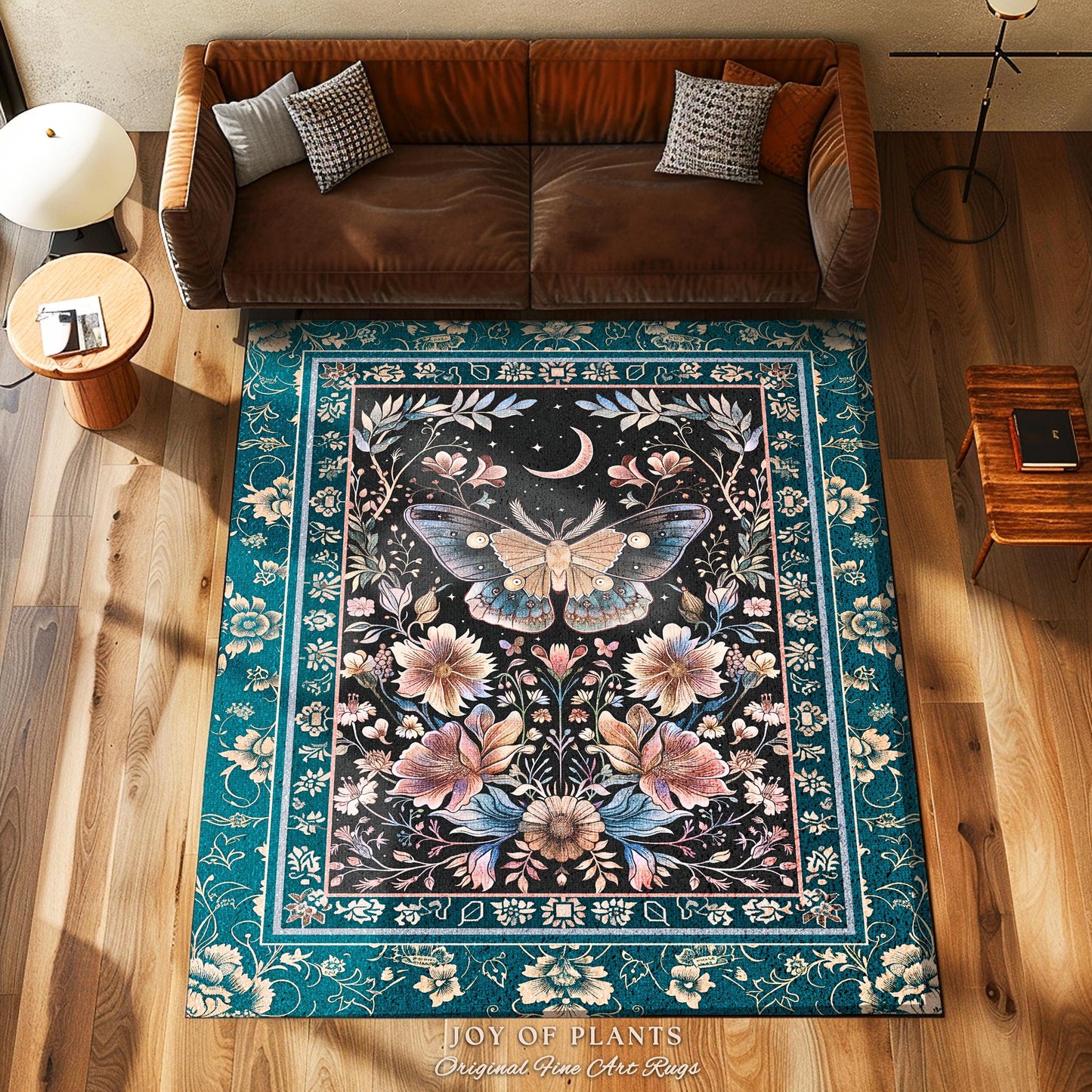 Boho Moth Moon Fairycore Area Rug Teal Bohemian Butterfly Floral | Whimsical Celestial Teal Dark Cottagecore Home Accent Maximalist Decor |