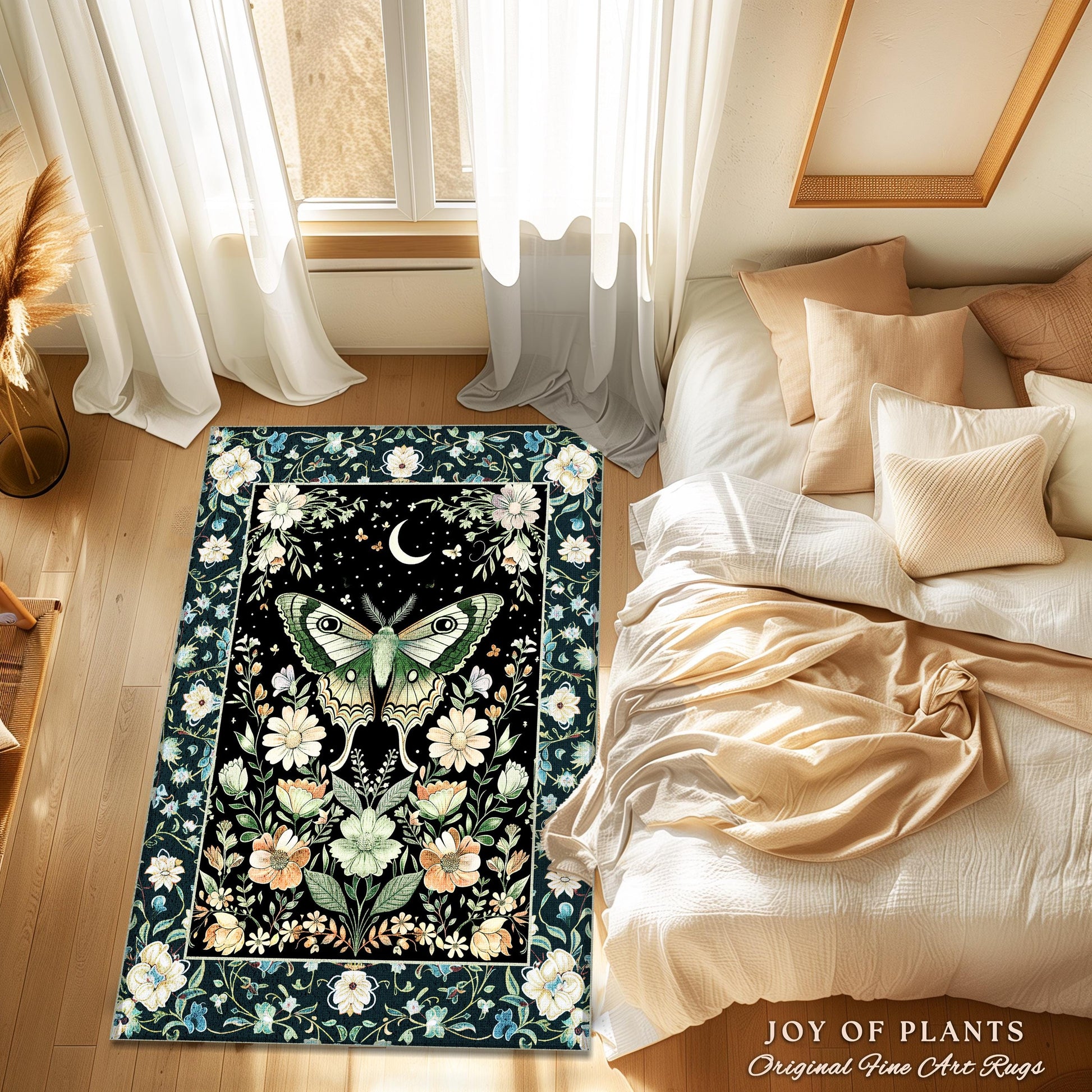 Luna Moth Folklore Aesthetic Rug | Whimsigoth Eclectic Maximalist Accent Rug Cottagecore Dreamy Forestcore Bedroom Antique Green Celestial |