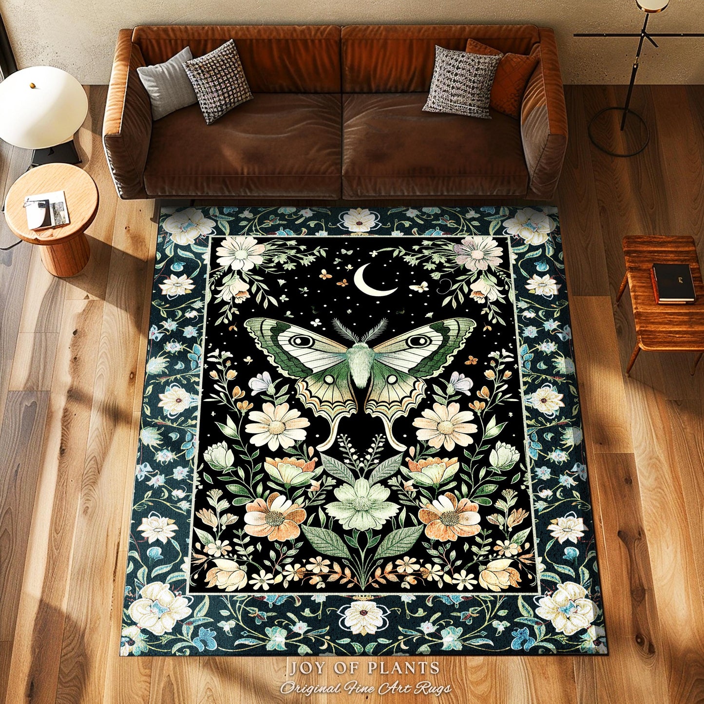 Luna Moth Folklore Aesthetic Rug | Whimsigoth Eclectic Maximalist Accent Rug Cottagecore Dreamy Forestcore Bedroom Antique Green Celestial |