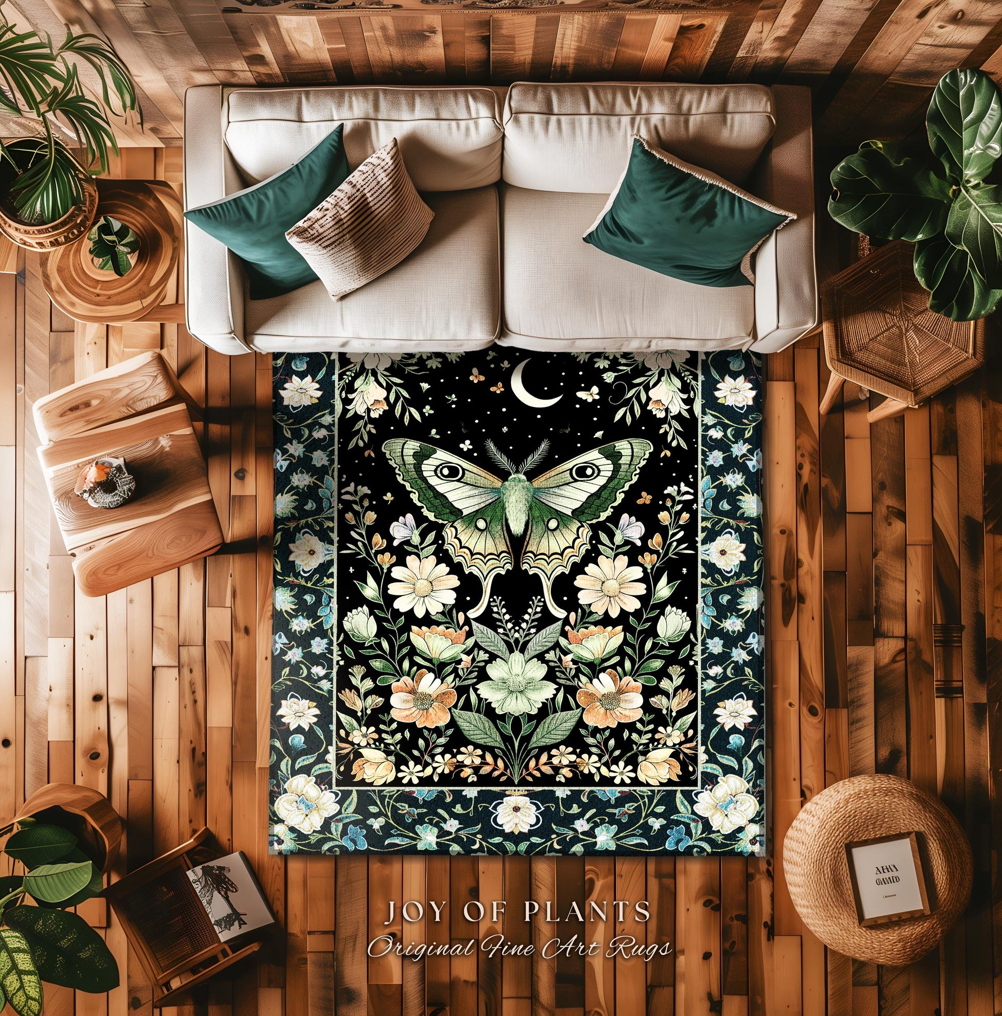 Luna Moth Folklore Aesthetic Rug | Whimsigoth Eclectic Maximalist Accent Rug Cottagecore Dreamy Forestcore Bedroom Antique Green Celestial |