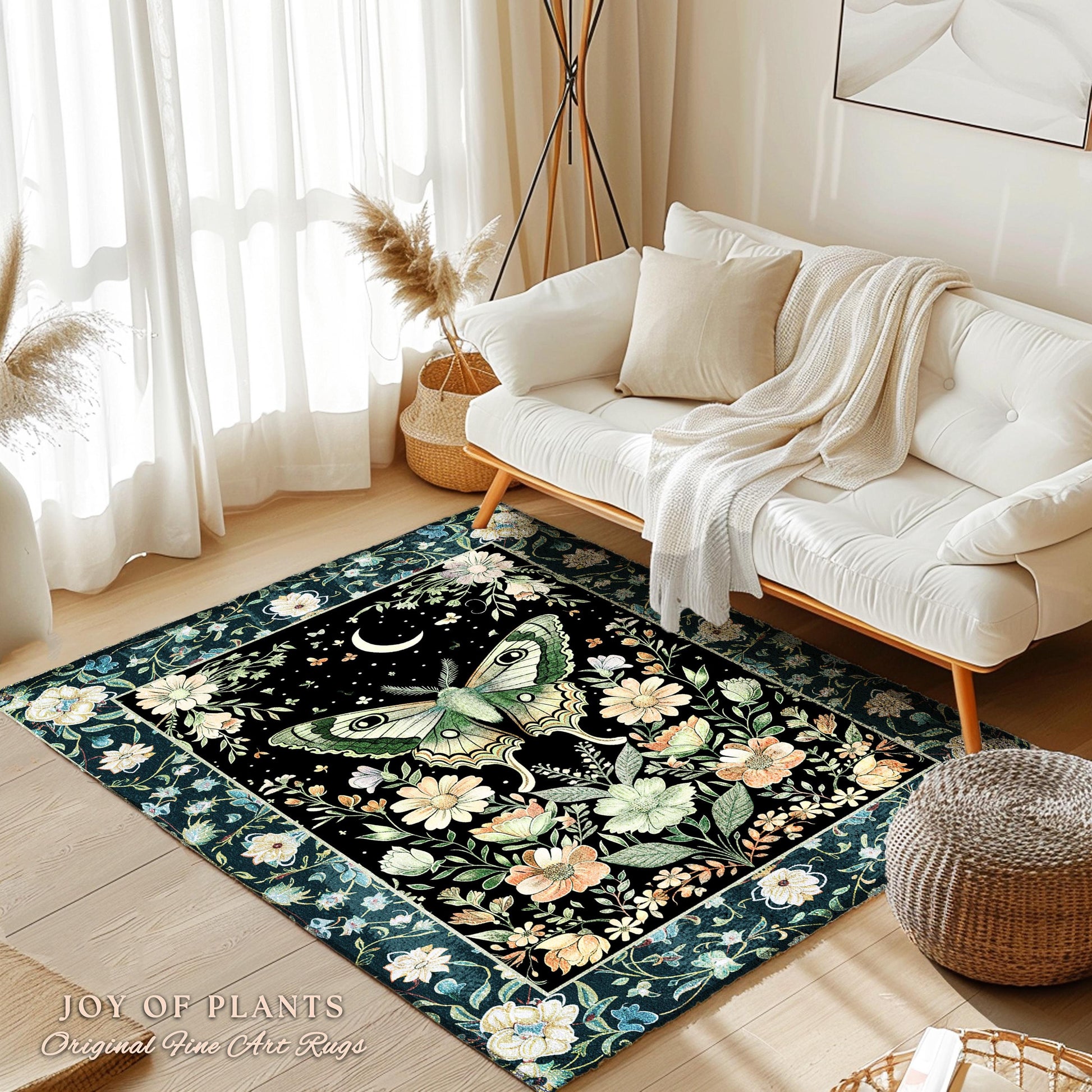 Luna Moth Folklore Aesthetic Rug | Whimsigoth Eclectic Maximalist Accent Rug Cottagecore Dreamy Forestcore Bedroom Antique Green Celestial |