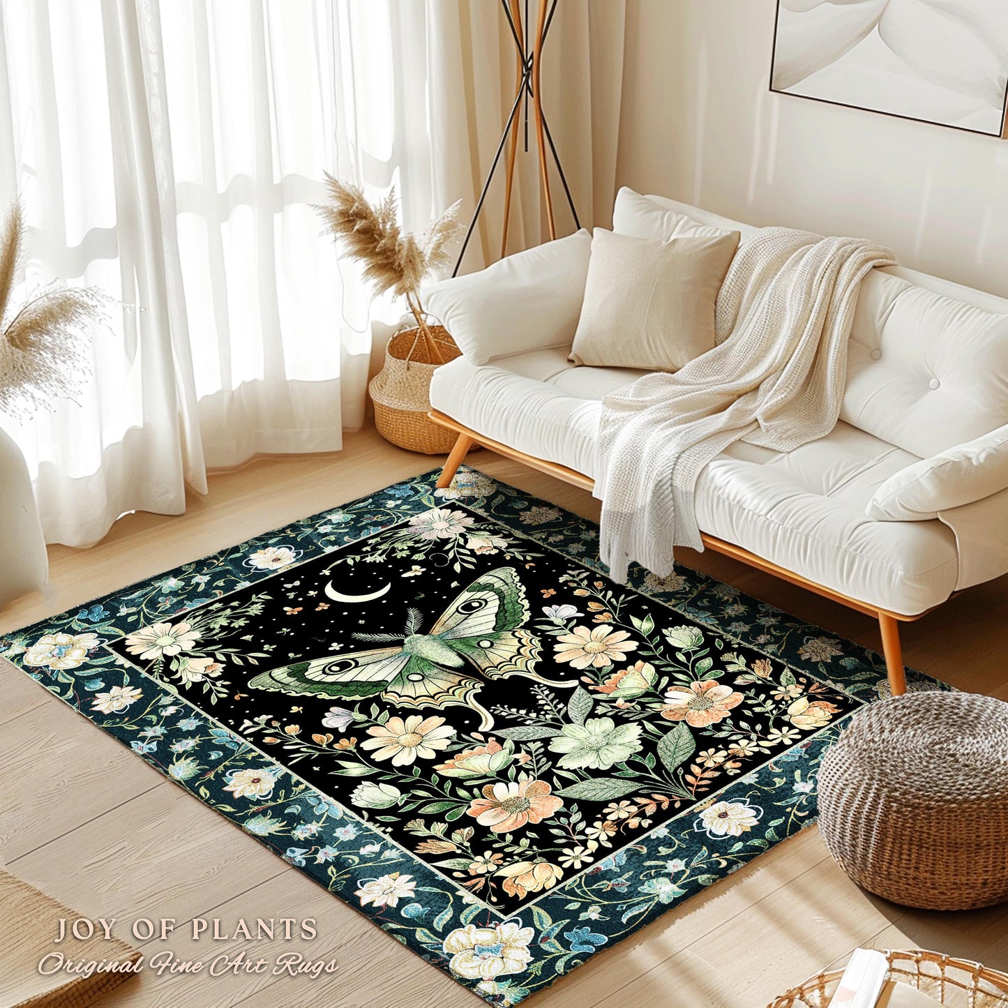 Luna Moth Folklore Aesthetic Rug | Whimsigoth Eclectic Maximalist Accent Rug Cottagecore Dreamy Forestcore Bedroom Antique Green Celestial |