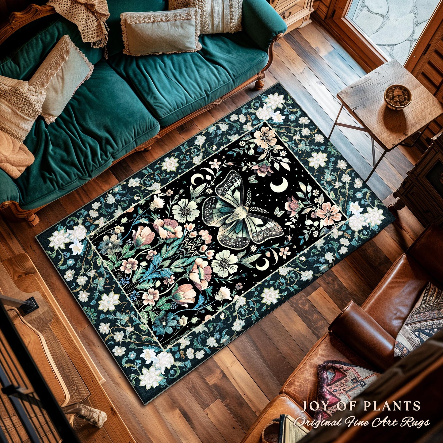 Celestial Butterfly Floral Rug Whimsical Moonlit Garden Whimsigothic Decor, Ethereal Cottagecore Enchanted Botanical Moth Art Nouveau Accent