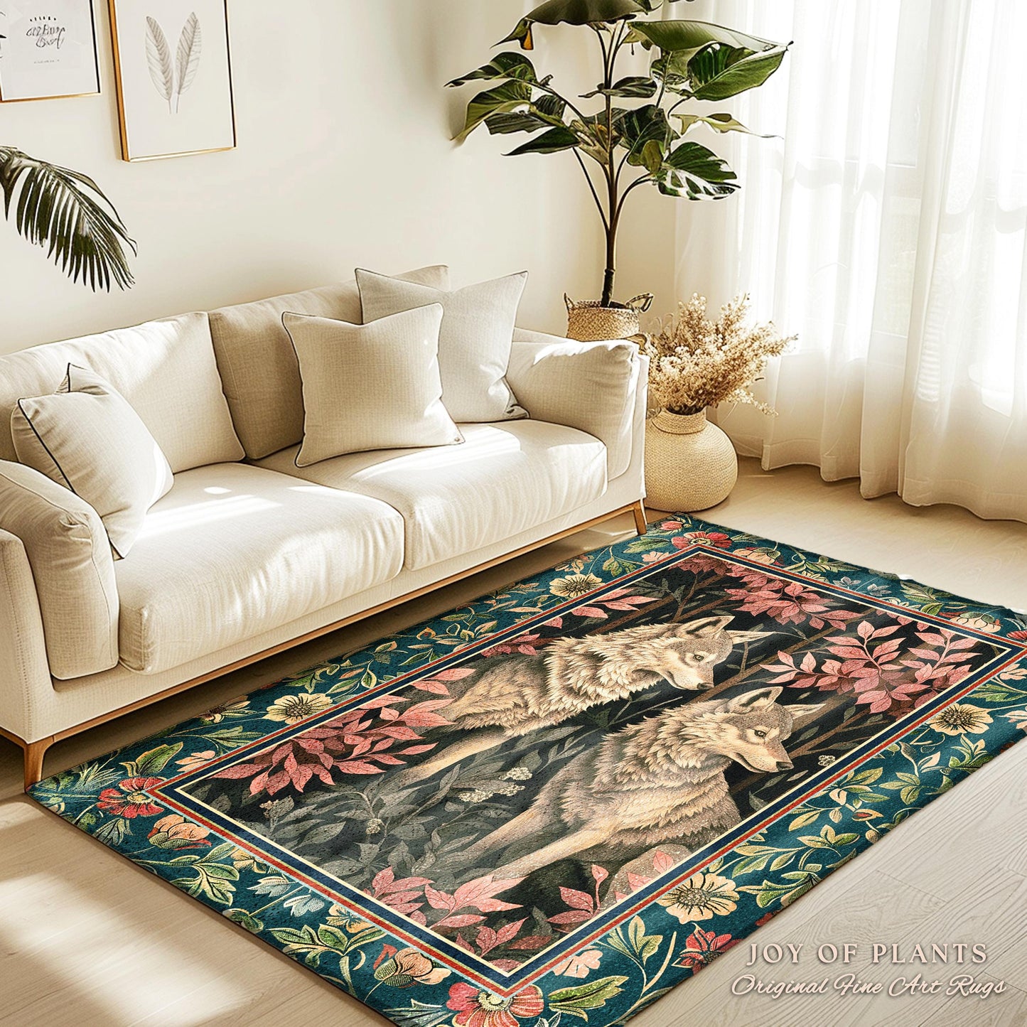 Woodland Fairycore Wolf Area Rug | Dark Forest Eclectic Aesthetic Whimsical Cottagecore Floral Fantasy Inspired Home Accent Rug Nature Theme