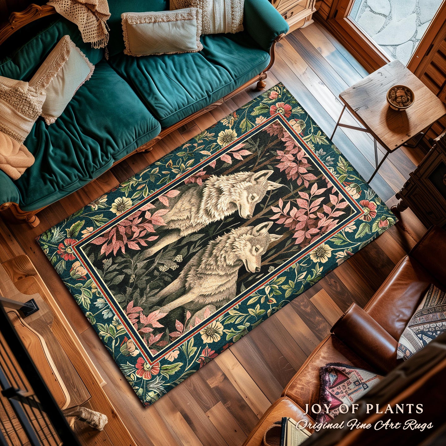 Woodland Fairycore Wolf Area Rug | Dark Forest Eclectic Aesthetic Whimsical Cottagecore Floral Fantasy Inspired Home Accent Rug Nature Theme