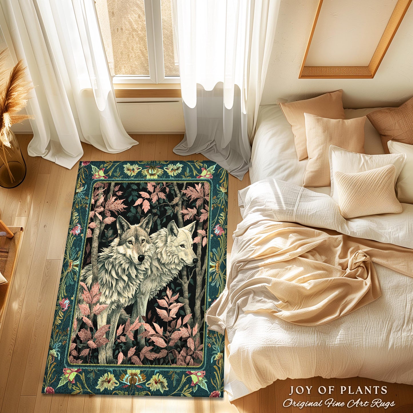 Botanical Forest Spirits Area Rug | Woodland Ethereal Unique Home Accent Wolf Nursery Theme Eclectic Aesthetic Whimsical Cottagecore Decor |