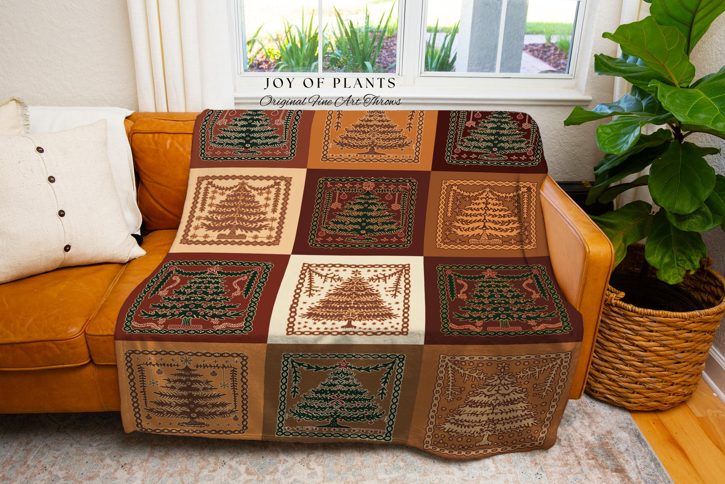 Boho Burnt Orange Rust Christmas Tree Woven Tapestry Throw Rustic Farmhouse Holiday Blanket | Retro Style Country Cottage X-Mas Home Decor
