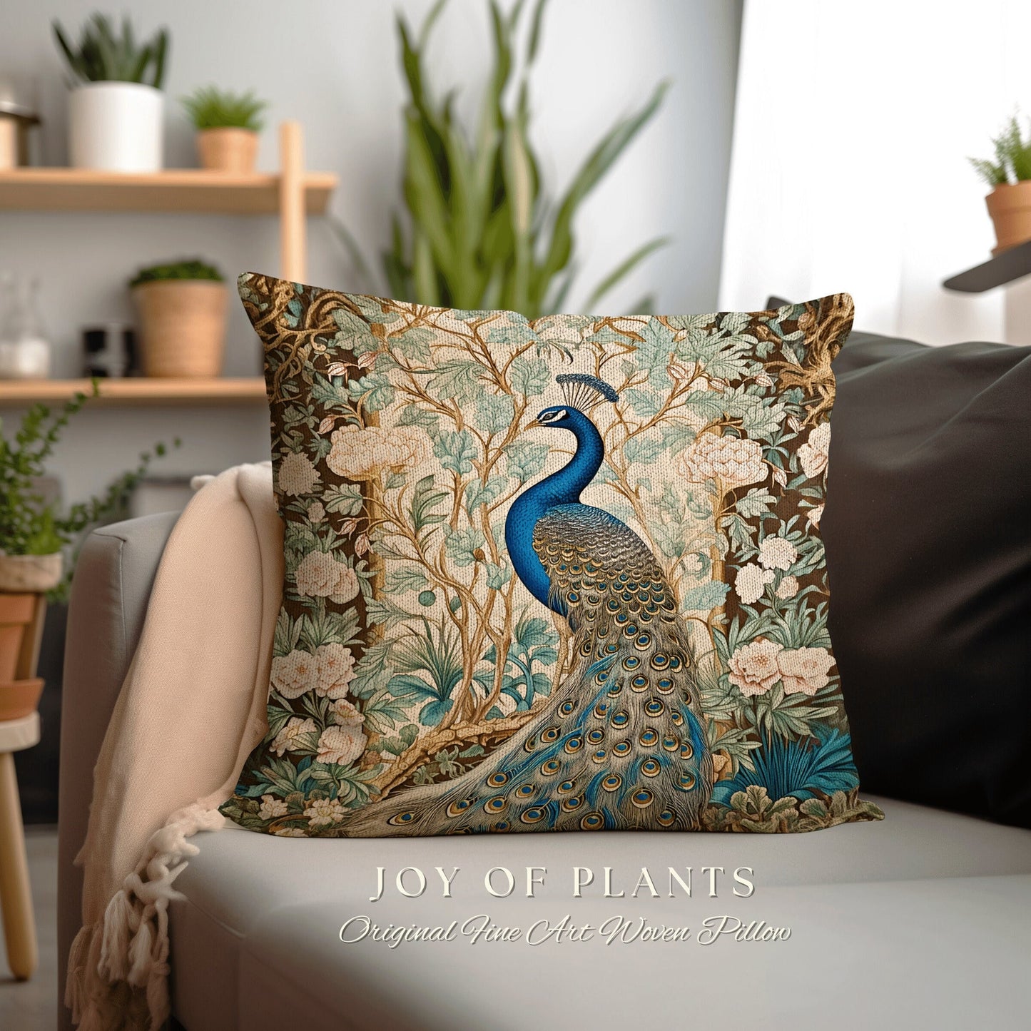 Soft Botanical Peacock Pillow | William Morris Style Peacock Pillow Woodland Royal Aesthetic Cushion Botanical Ornate Home Decor Eclectic