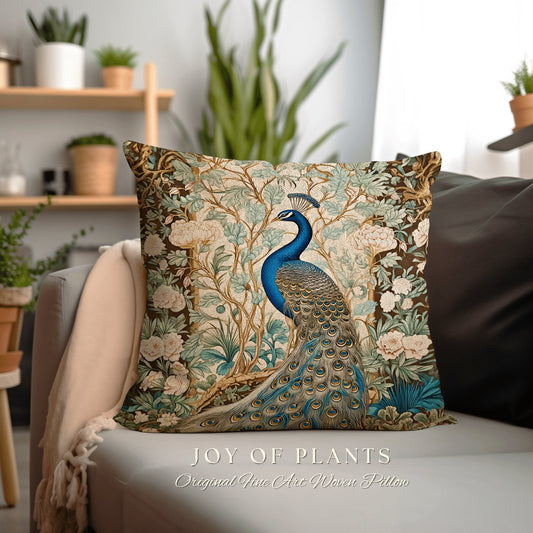 Soft Botanical Peacock Pillow | William Morris Style Peacock Pillow Woodland Royal Aesthetic Cushion Botanical Ornate Home Decor Eclectic