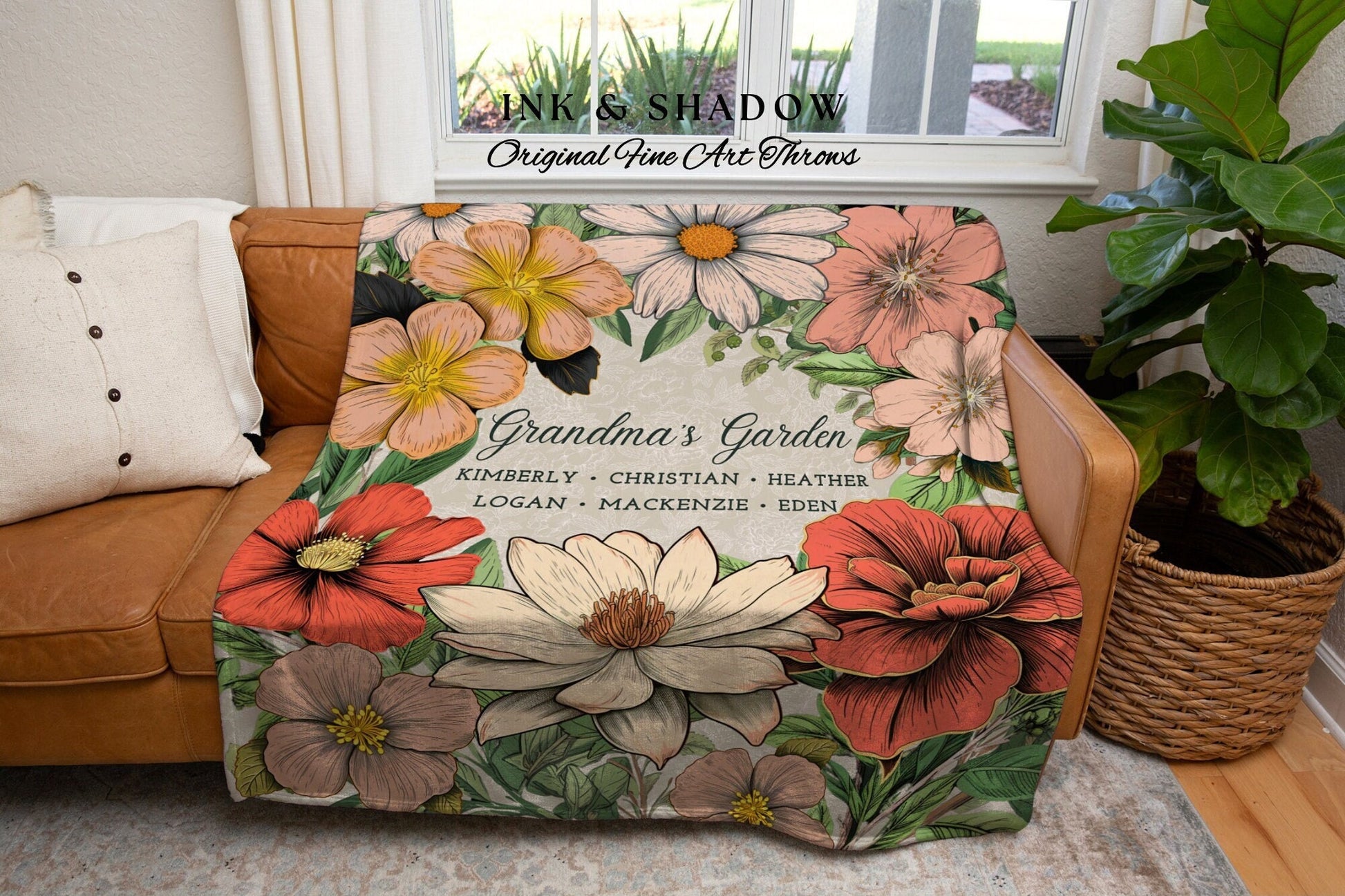 Birth Month Flower Garden Blanket | Gift from Grandkids Custom Family Name Blanket Personalized Custom Flower Throw Blanket Gift for Mom |