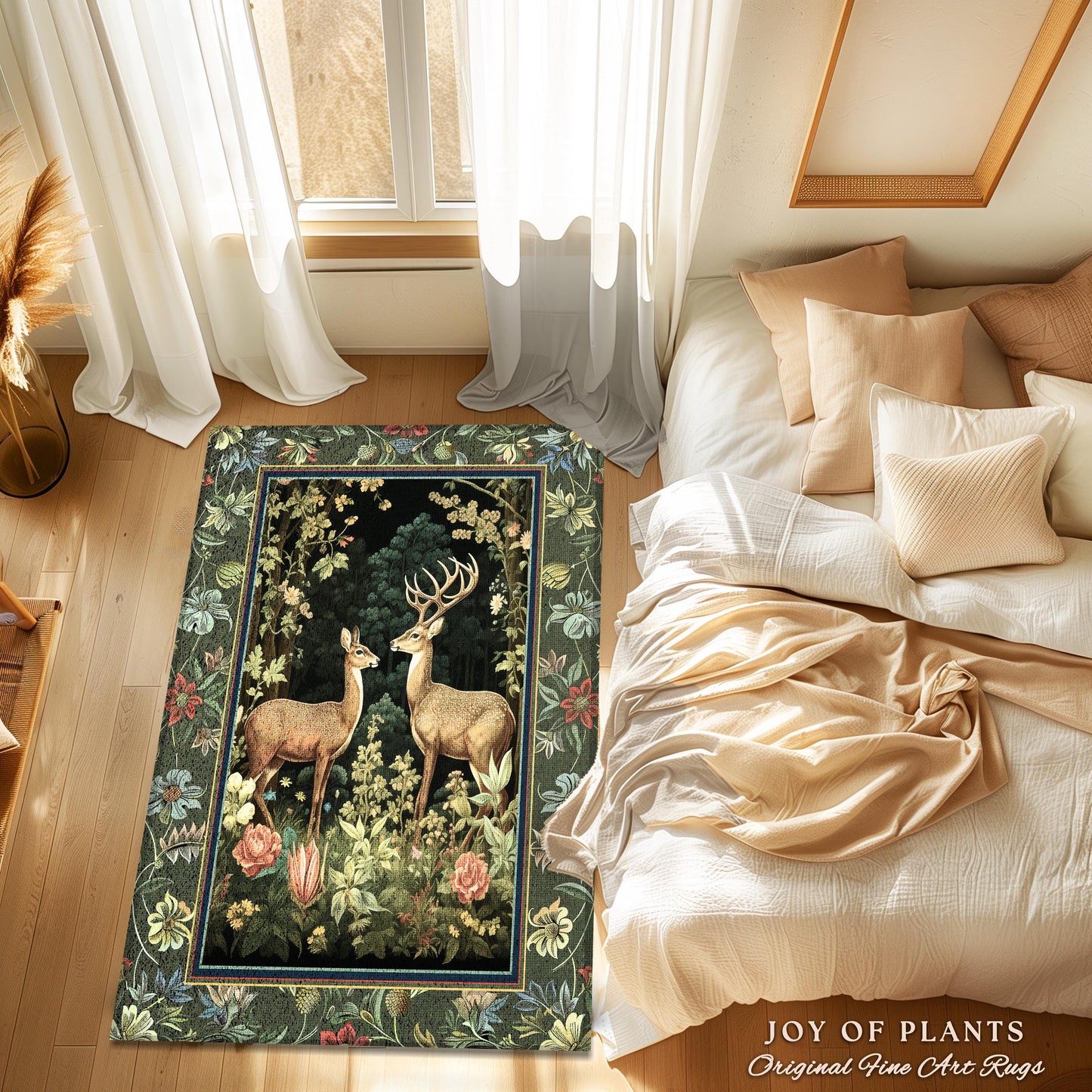 Mystic Woodland Forest Deer Area Rug | Spirit Animal Ethereal Earthy Whimsigoth Dark Botanical Bedroom Rug Whimsical Folklore Nursery Theme