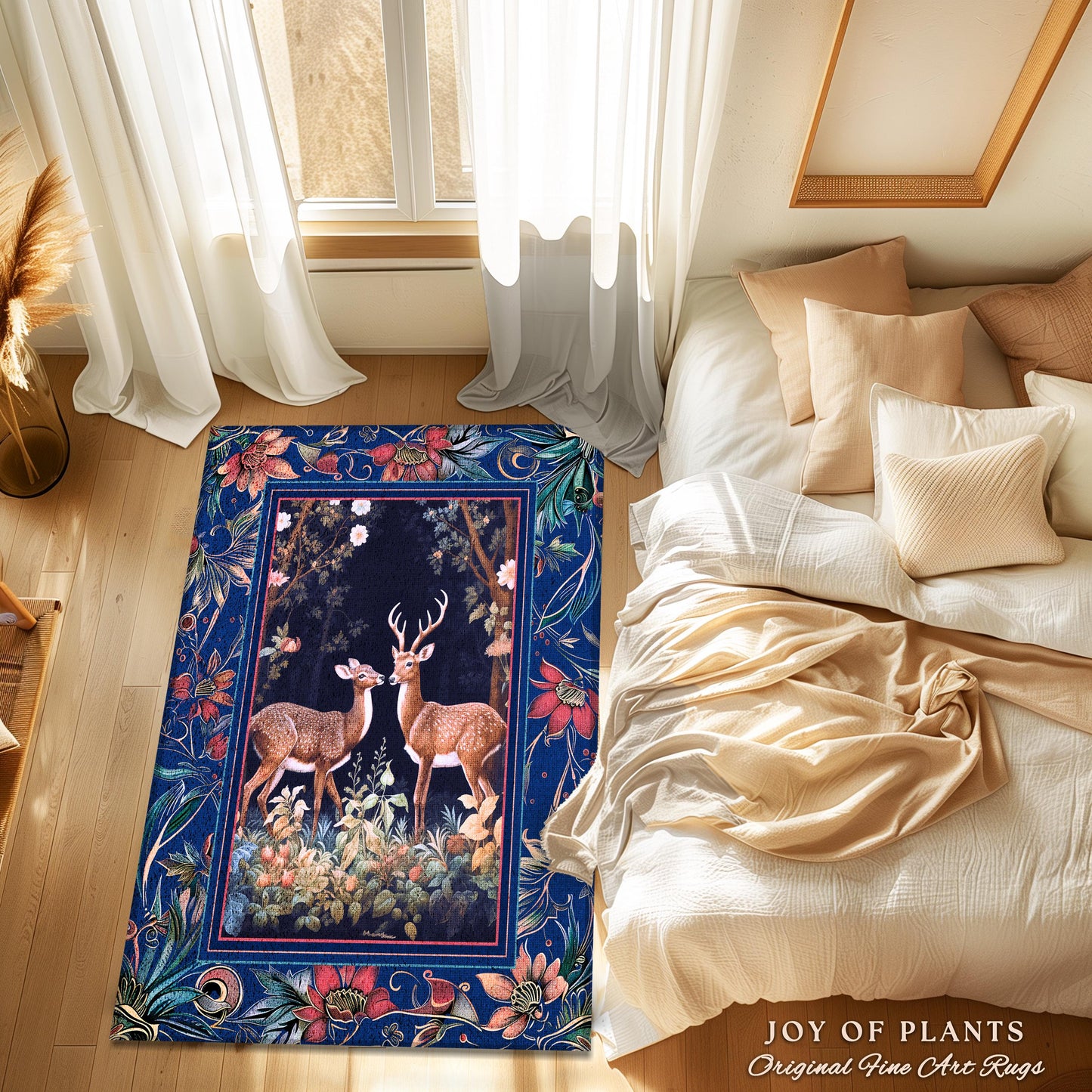 Misty Indigo Woods Ethereal Deer Rug | Woodland Spirit Nature Botanical Home Accent Fairycore Dark Academia Bedroom Whimsical Folklore Theme