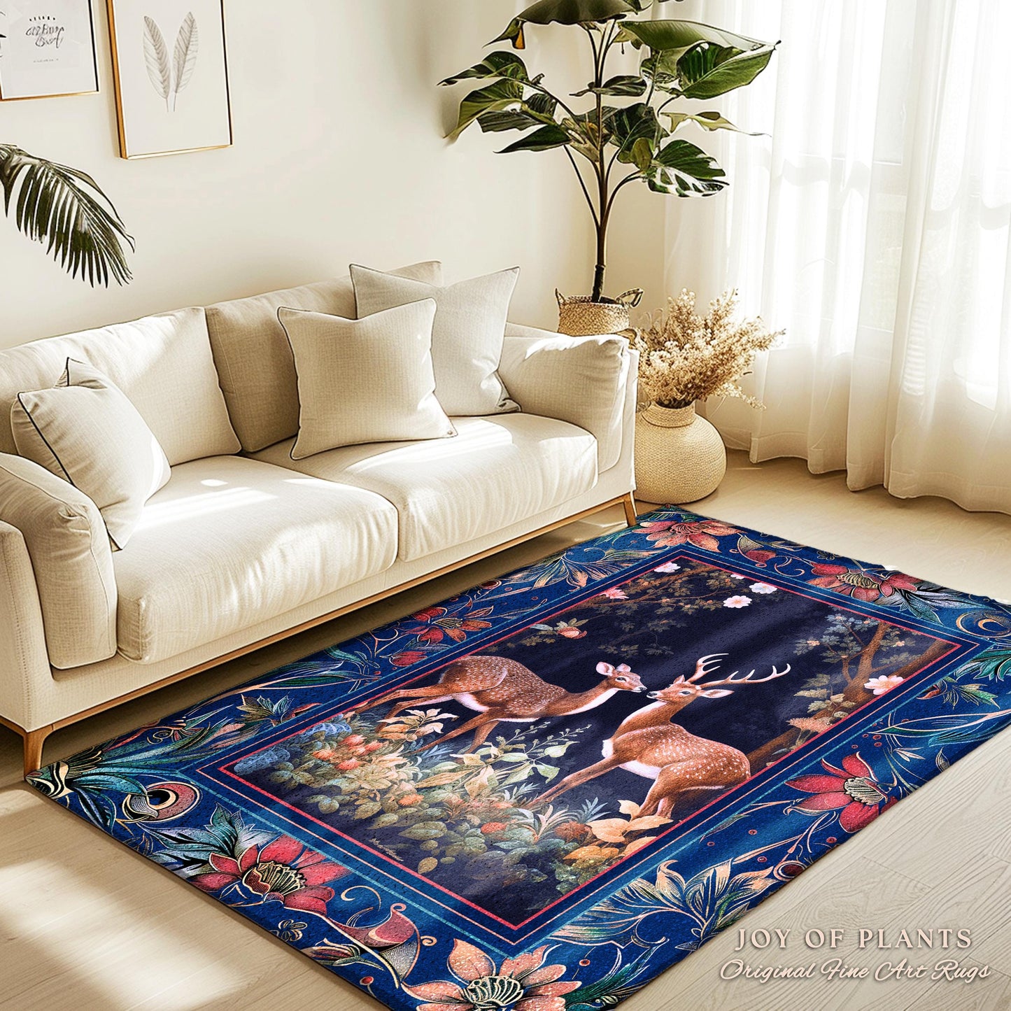 Misty Indigo Woods Ethereal Deer Rug | Woodland Spirit Nature Botanical Home Accent Fairycore Dark Academia Bedroom Whimsical Folklore Theme