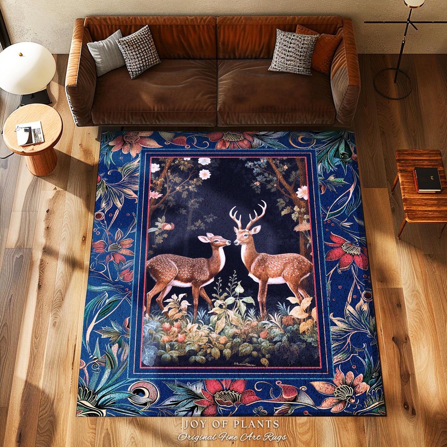 Misty Indigo Woods Ethereal Deer Rug | Woodland Spirit Nature Botanical Home Accent Fairycore Dark Academia Bedroom Whimsical Folklore Theme