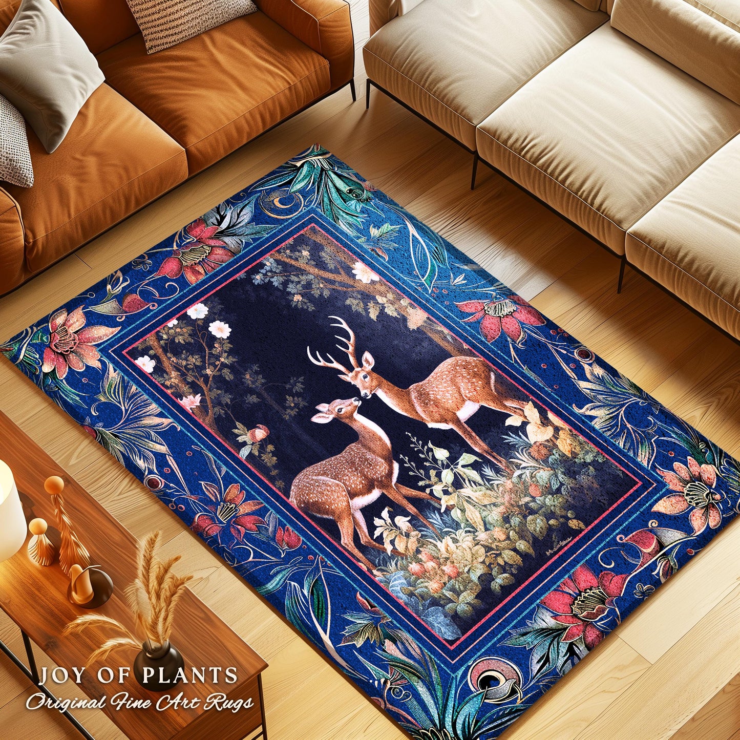 Misty Indigo Woods Ethereal Deer Rug | Woodland Spirit Nature Botanical Home Accent Fairycore Dark Academia Bedroom Whimsical Folklore Theme