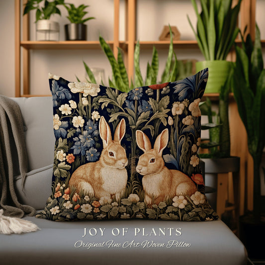 Spring Bunnies Cottagecore Pillow | Fairycore Woven Accent Pillow Cottagecore Room Decor Botanical Bunny Aesthetic Rabbit Cushion Whimsical