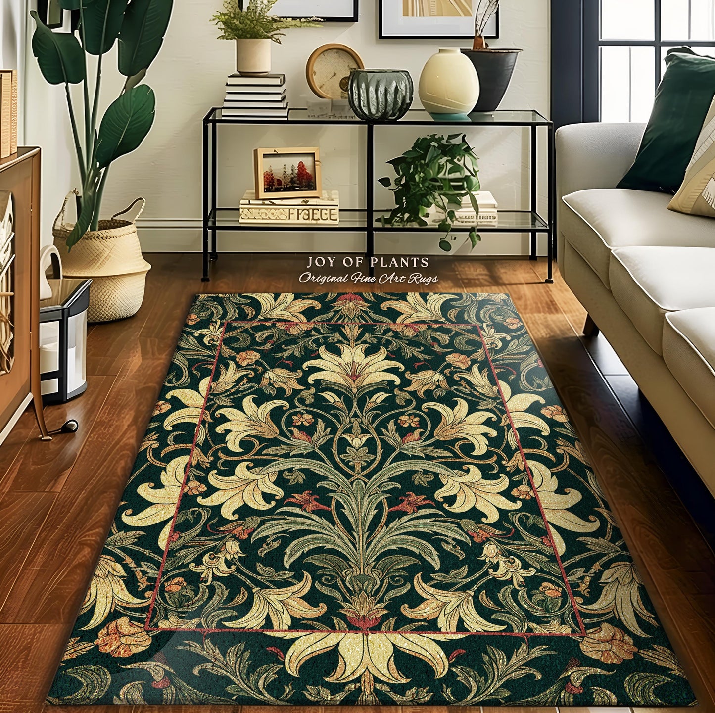 Earthy Fairycore Floral Aesthetic Rug | Enchanted Muted Forest Green Art Nouveau Victorian Decor Cottagecore Academia Art Deco Bedroom Decor